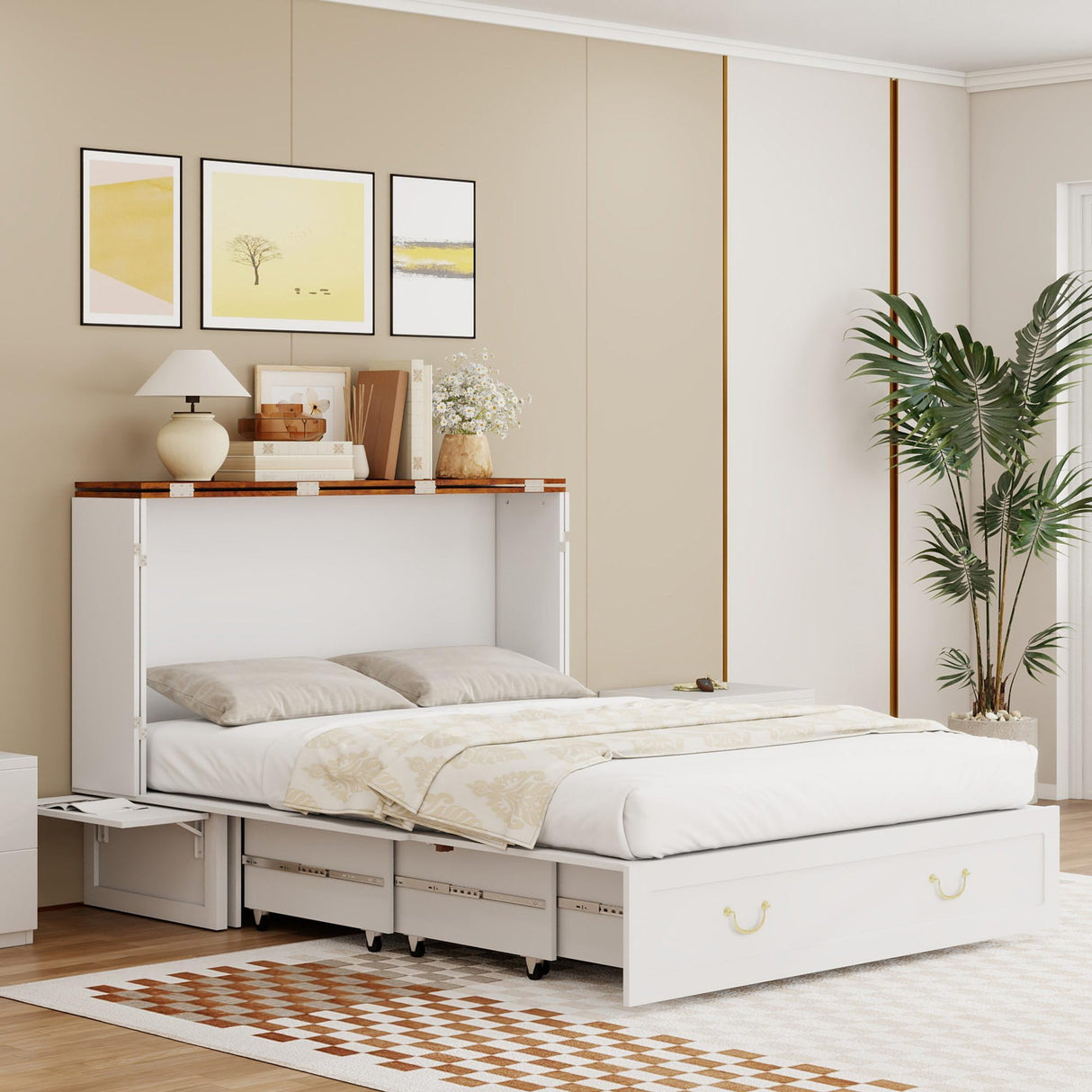Tafeumob Murphy Bed Queen Size: Wood Murphy Bed Cabinet with Drawer Space-Saving with Shelves & Charging Station for Bedroom, Multipurpose Area, Guest Room, Apartment White (Without Mattress) Tafeumob