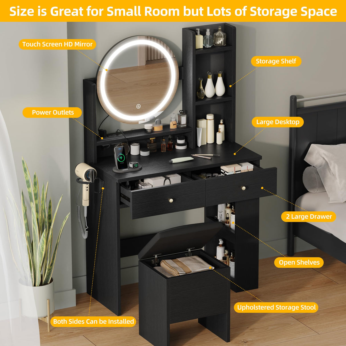 DWVO Makeup Vanity Desk with LED Lighted Mirror, Black Vanity Set with Charger Station, Small Spaces Vanity Table for Bedroom, Adjustable 3 Lighting Modes, Makeup Table with Chair for Girl, 31.5in(L) DWVO