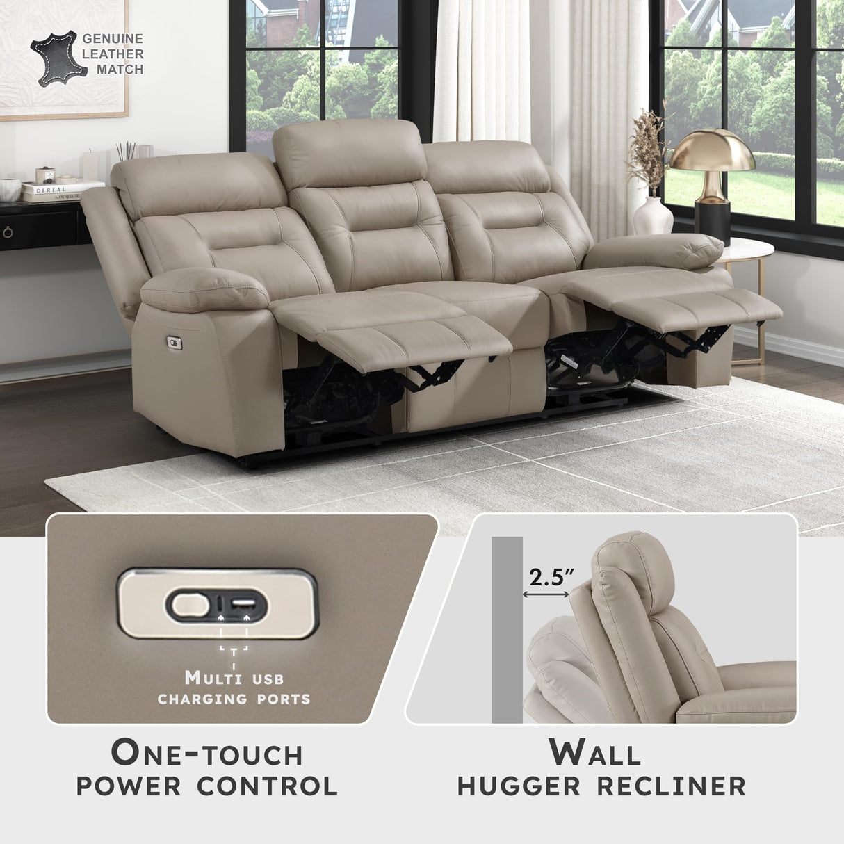 Lexicon Power Double Recliner Sofa, Top Grain Leather Match Reclining Sofa with Pillow Top Armrests, Home Theater Seating, Wall Hugger Recliner Couch with USB Port, 87" W, Latte Lexicon