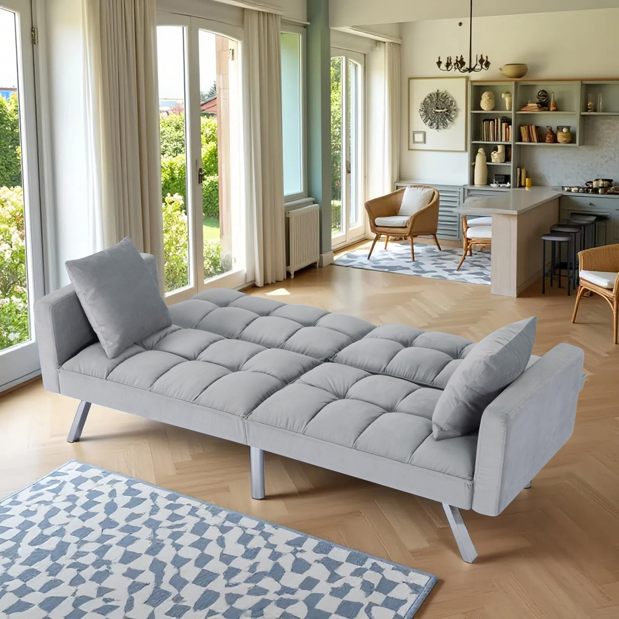 Modern Velvet Futon Sofa Bed,Convertible Sleeper Loveseat with 4 Folding Backrest,78" Comfy Deep Seat Cloud Couch Bed for Living Room Apartment Office (Light Grey) Majnesvon