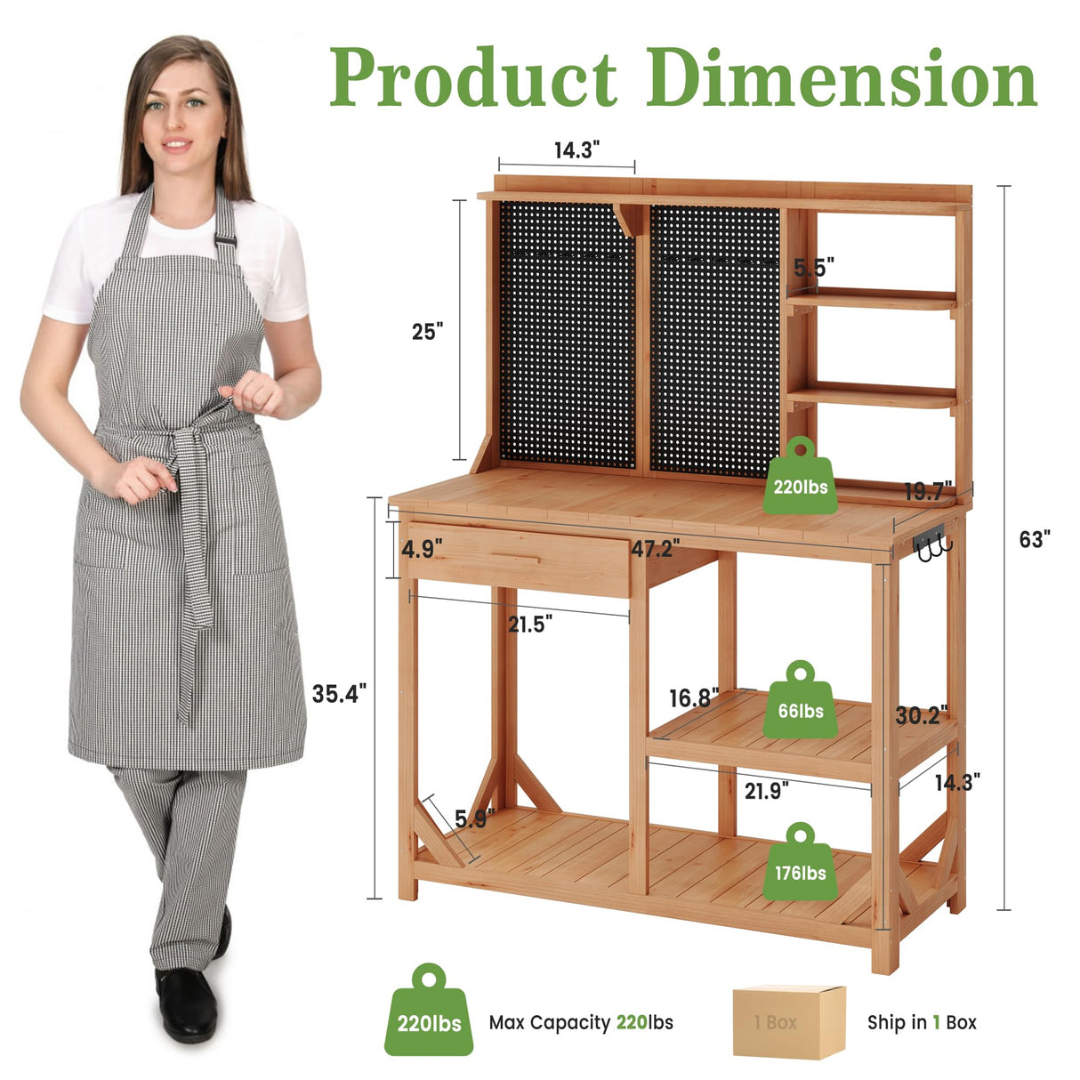 Wooden Potting Benches for Outside, Large Garden Potting Table with Drawers, Outdoor Work Bench with Storage, Holey Board and Hooks, Garden Plant Workbench Patio Workstation for Backyard, Natural Hipicute