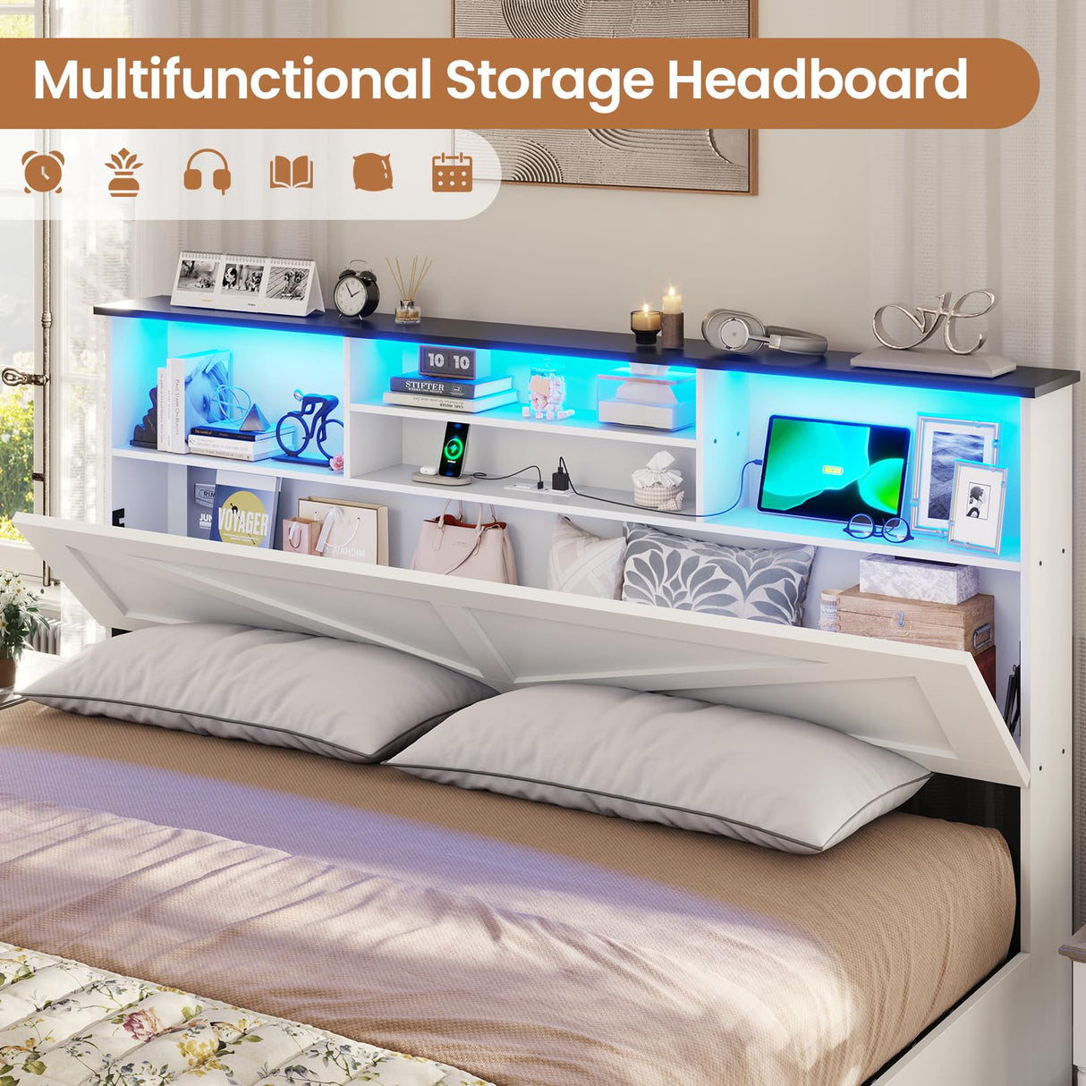 VIAGDO Farmhouse Bed Frame King Size with Bookcase Storage Headboard, Charging Station and LED Lights, Wooden King Bed Frame with 4 Drawers, Barn Door Design, No Box Spring Needed, No Noise, White VIAGDO