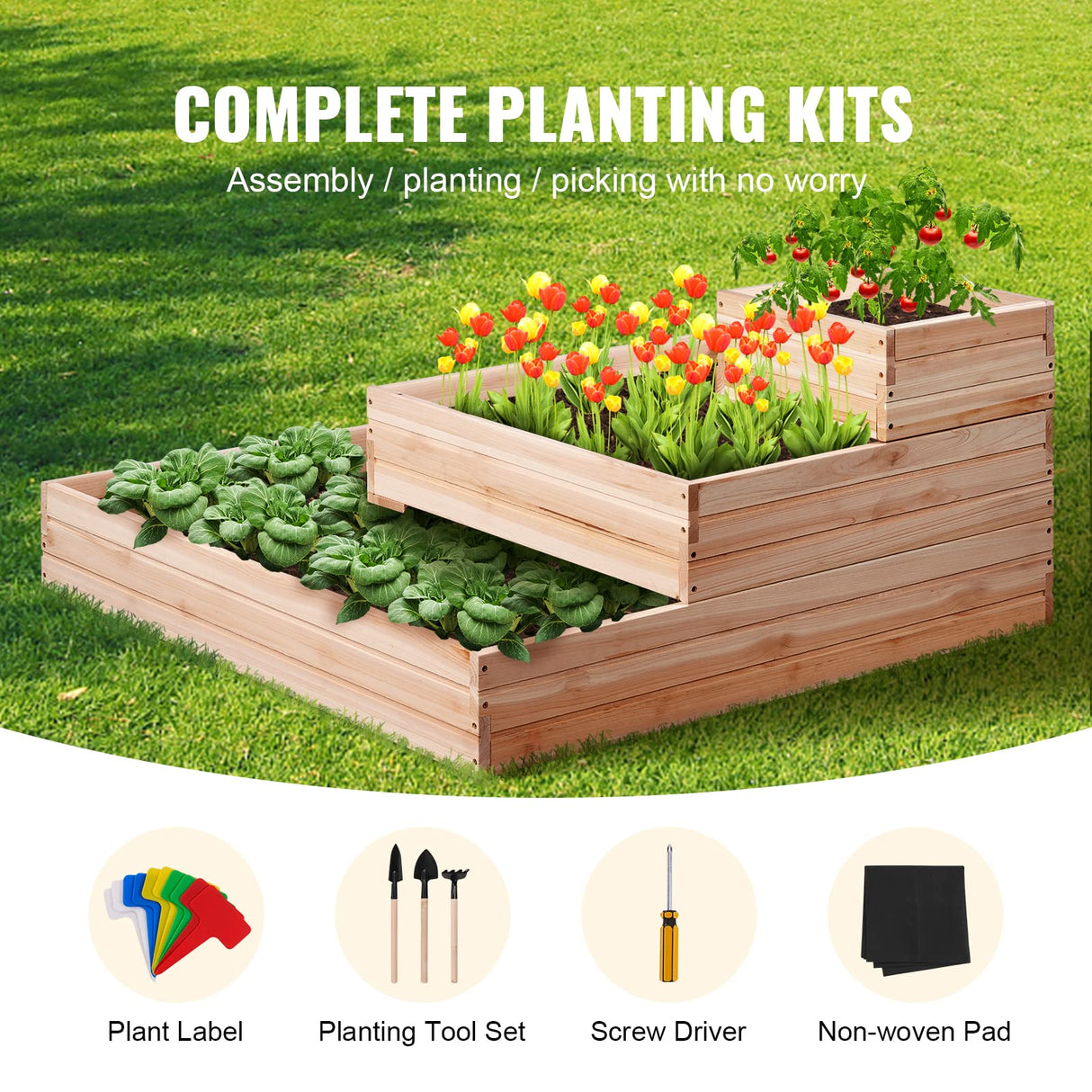VEVOR 3 Tier Raised Garden Bed Wood Outdoor, 45 x 45 x 20in High End Natural Fir Wood Planter Box, Outdoor Planting Boxes for Flowers/Vegetables/Herbs in Backyard/Garden/Patio/Balcony, with Open Base VEVOR