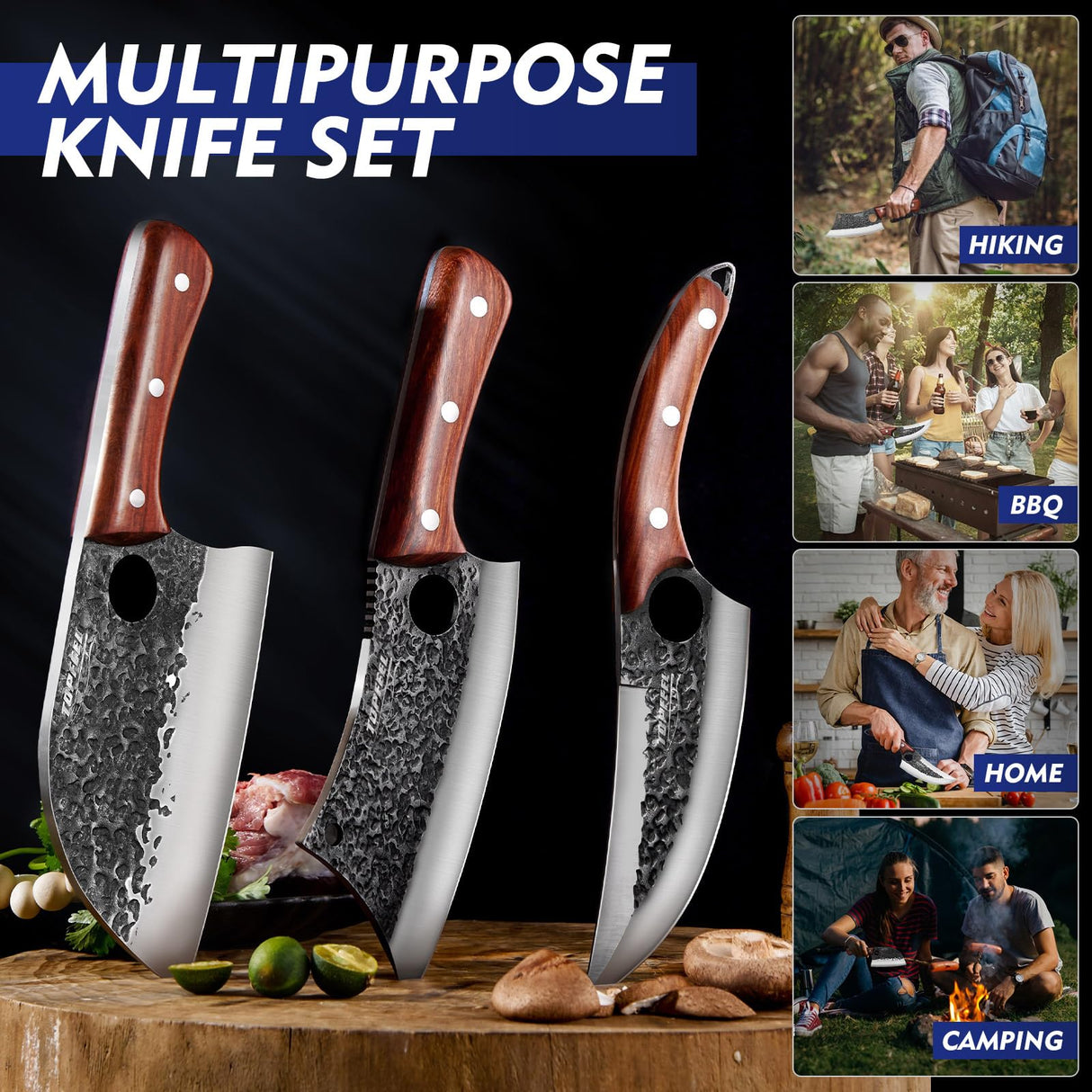 Topfeel 3PCS Butcher Knife Set, Hand Forged Serbian Chef Knife & Meat Cleaver Knife & Viking Knives, Meat Cutting Kitchen Knife Set for Home, Outdoor Cooking, Camping BBQ Gift Idea Men Topfeel