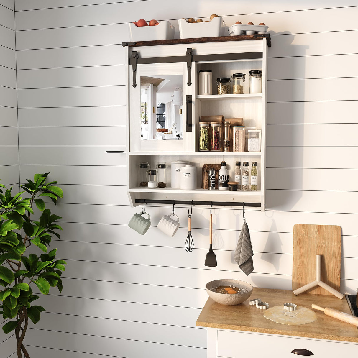 Bathroom Storage Cabinet with Mirror, Wood Farmhouse Medicine Cabinet with Adjustable Shelf, Hanging Bar S-Hooks Hair Dryer Holder, Wall Mounted Cabinet for Laundry Room Kitchen Living Room, White Cakhdry