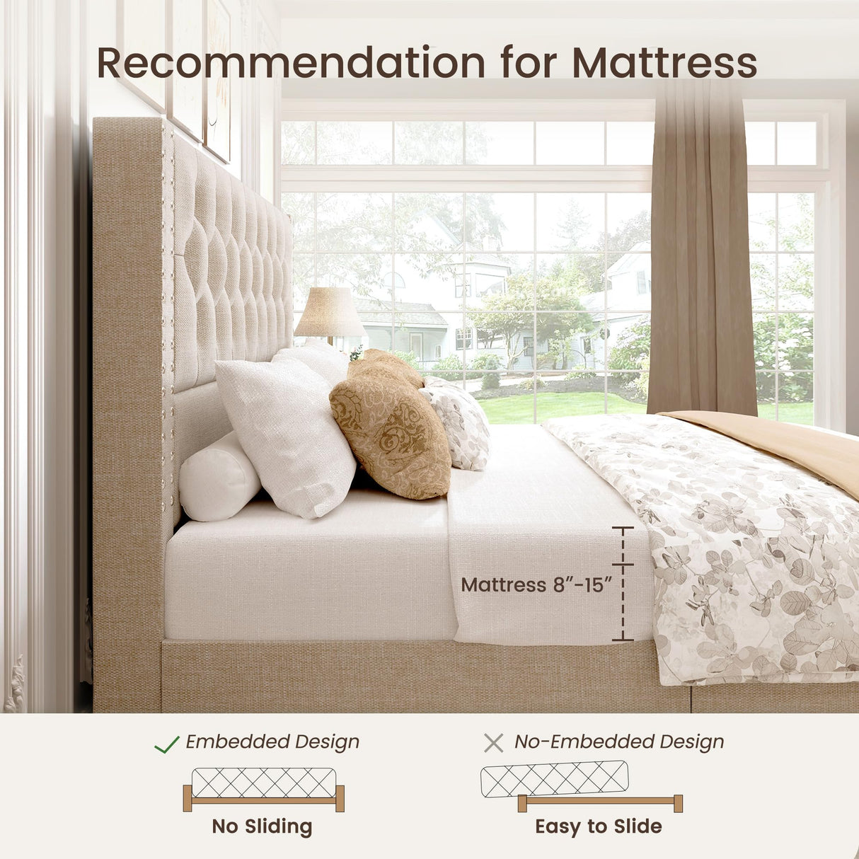 BRELTAM King Size Bed Frame with 4 Storage Drawers and Tufted Headboard Linen Upholstered Platform Bed Frame with Heavy Duty Wood Slats, No Box Spring Needed, Beige BRELTAM