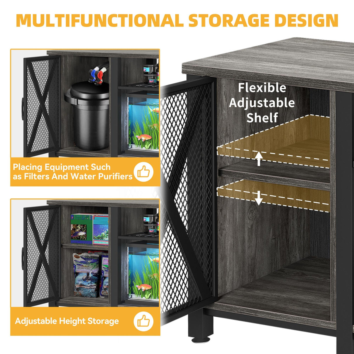 DWVO 55-75 Gallon Aquarium Stand with Power Outlets, Cabinet for Fish Tank Accessories Storage - Heavy Duty Metal Fish Tank Stand Suitable for Turtle Tank, Reptile Terrarium, 860LBS Capacity, Grey DWVO