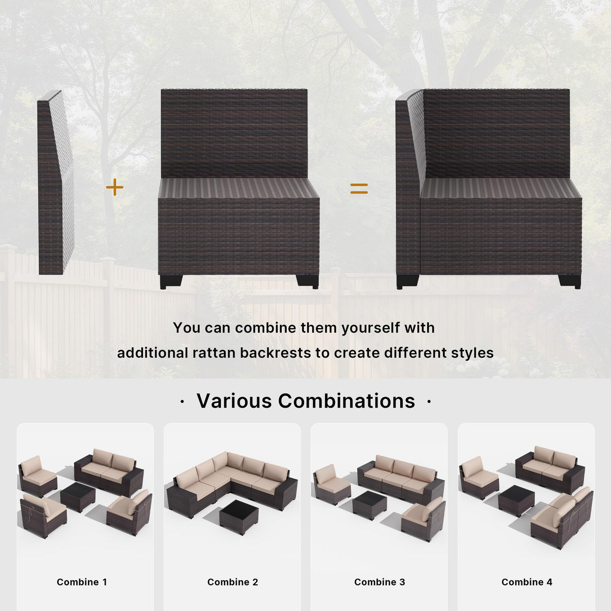 Gotland 6 Pieces Patio Furniture Set with 1 Coffee Table, 5 Seater Rattan Outdoor Sectional with Wide Armrests 29.5'' High Backrest Thick Waterproof Cushions, Conversation Sets for Deck Garden Khaki Gotland