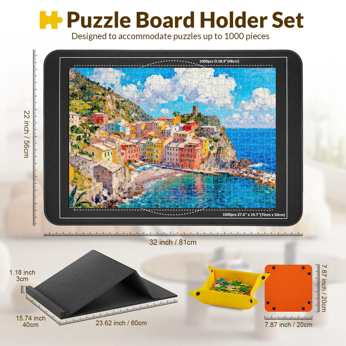 LOTMOFUN Puzzle Board for 1000 Pieces with Angle Adjustable Stand, Patented Lightweight Felt Jigsaw Puzzle Board with 6 Sorting Trays & Cover, Jigsaw Puzzle Table with Storage & Non-Slip Surface