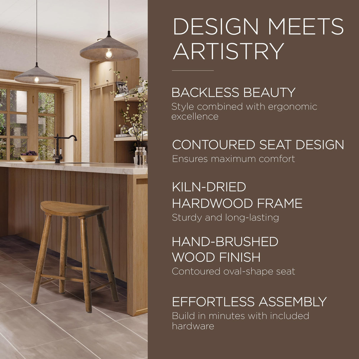 Maven Lane Kitchen Bar Stool, Modern Farmhouse Wood Counter Barstool, Kitchen Island Counterstool, Counter Height Bar Stools for Kitchen, Wide Seat Backless Bar Stools, Luna 26 Inch, Rustic Natural Maven Lane