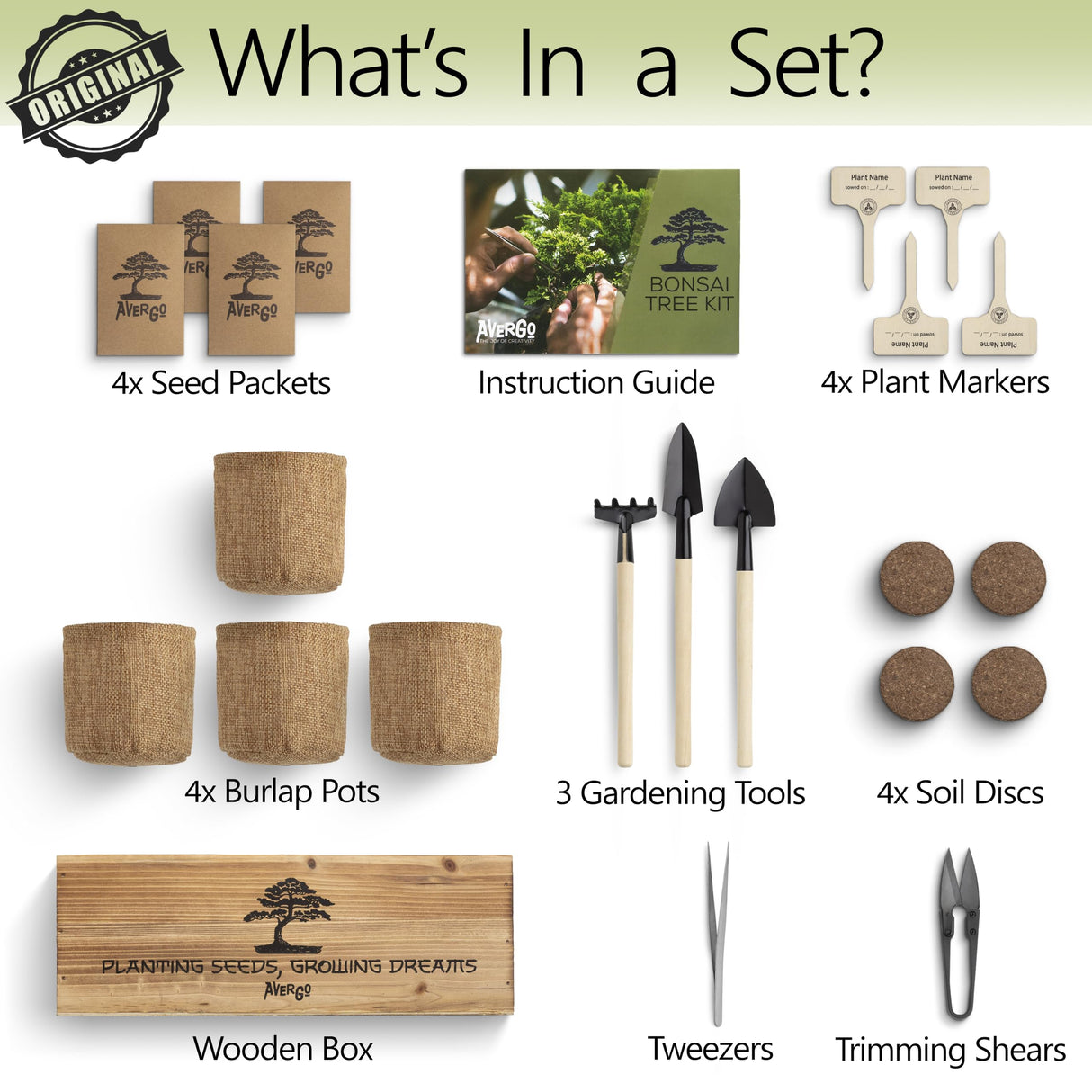 Avergo Bonsai Tree Kit – 4X Unique Japanese Bonzai Trees | Complete Indoor Starter Kit for Growing Bonsai Plants with Tools & Planters – Gardening Gifts for Women & Men AVERGO