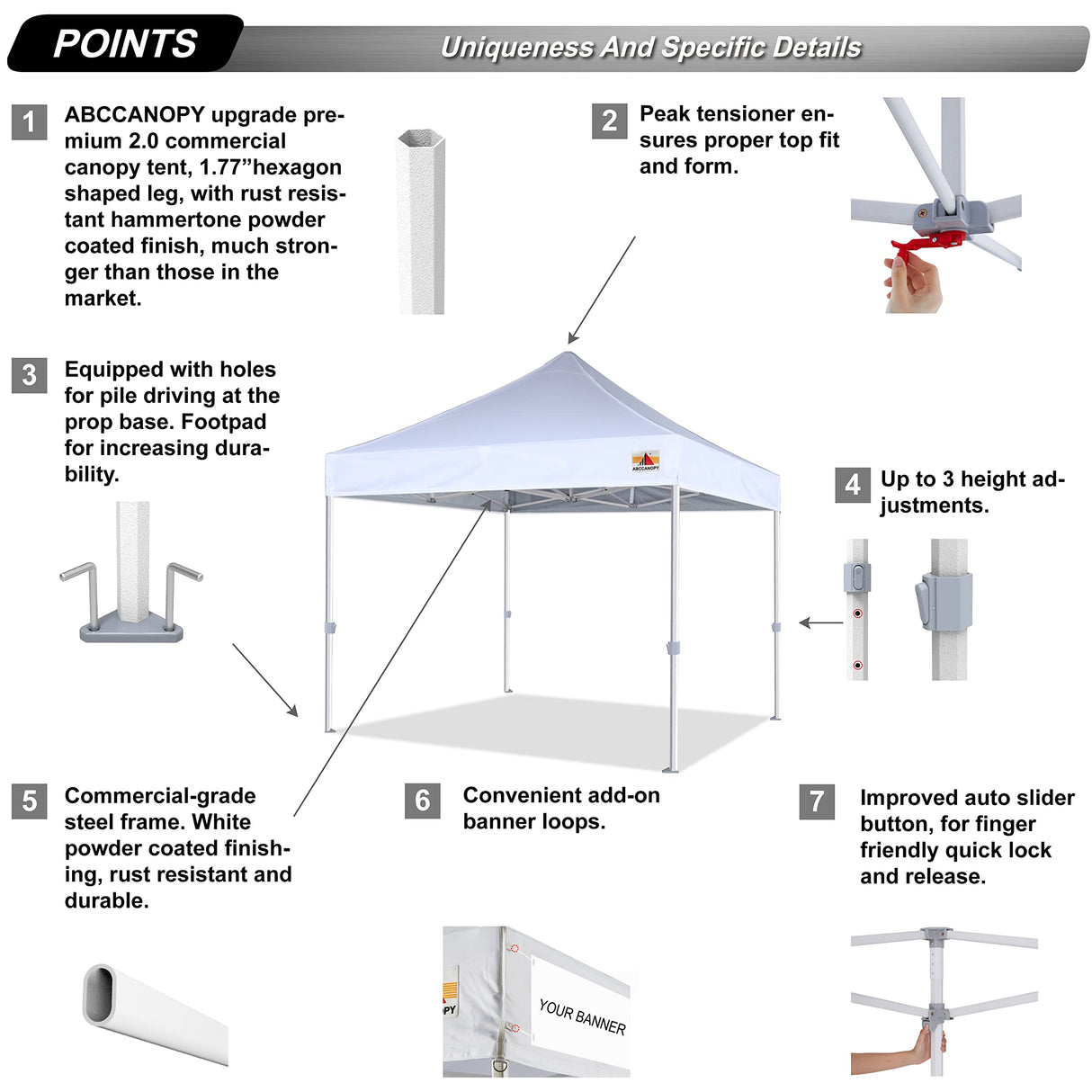 ABCCANOPY Commercial Pop Up Canopy Tent 10x10 Premium-Series, White ABCCANOPY