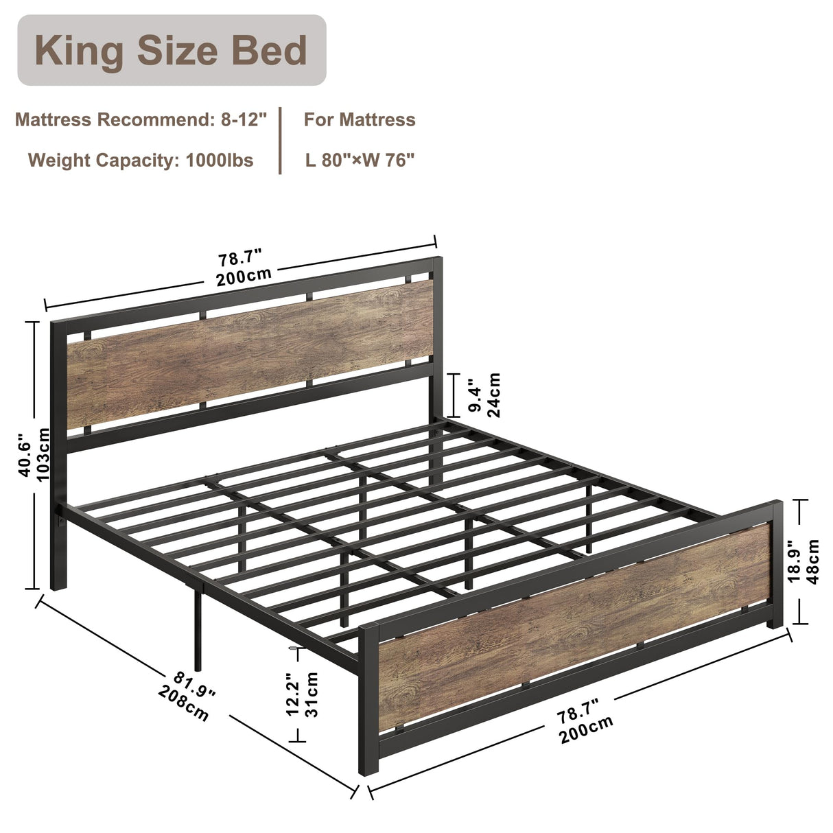 LIKIMIO Walnut King Bed Frame with Headboard & Footboard - Sturdy, Noise-Free Design with Ample Underbed Storage LIKIMIO