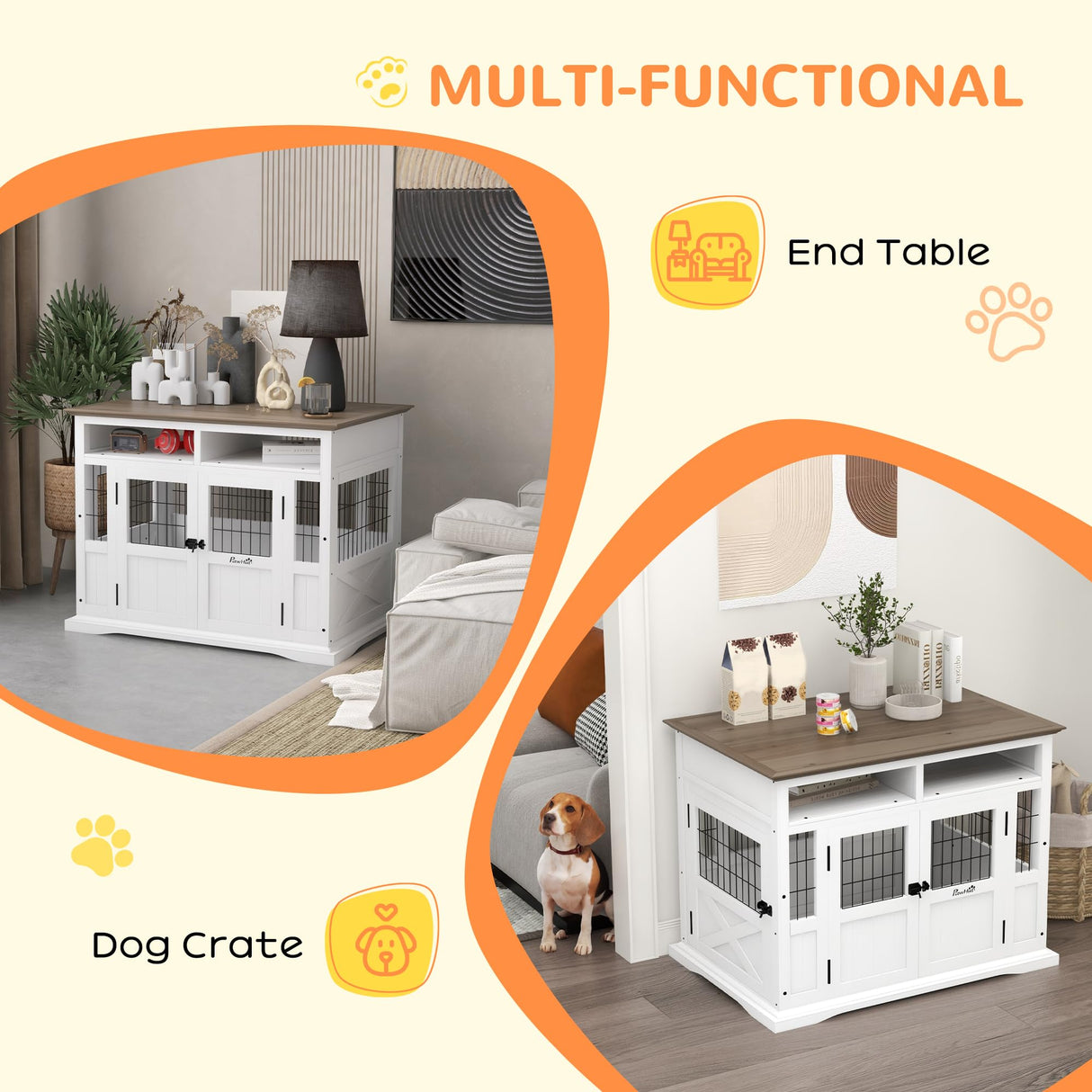 PawHut Dog Crate Furniture Side End Table with Storage, 41" Modern Wooden Dog Kennel Furniture with Double Doors for Small and Medium Dogs, White PawHut
