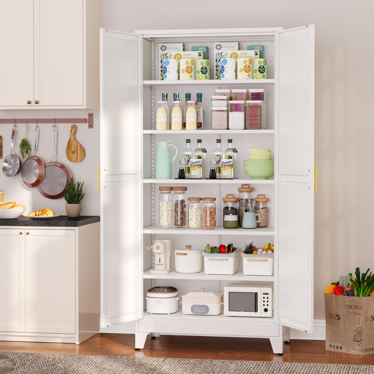 Metal Pantry Cabinet with 2 Doors and 5 Adjustable Shelves, 75" Kitchen Storage cabinets with Gold Handles, Versatile Storage for Laundry Room, Living Room, Bathroom, Dinning Room, Utility Room-White winiowa