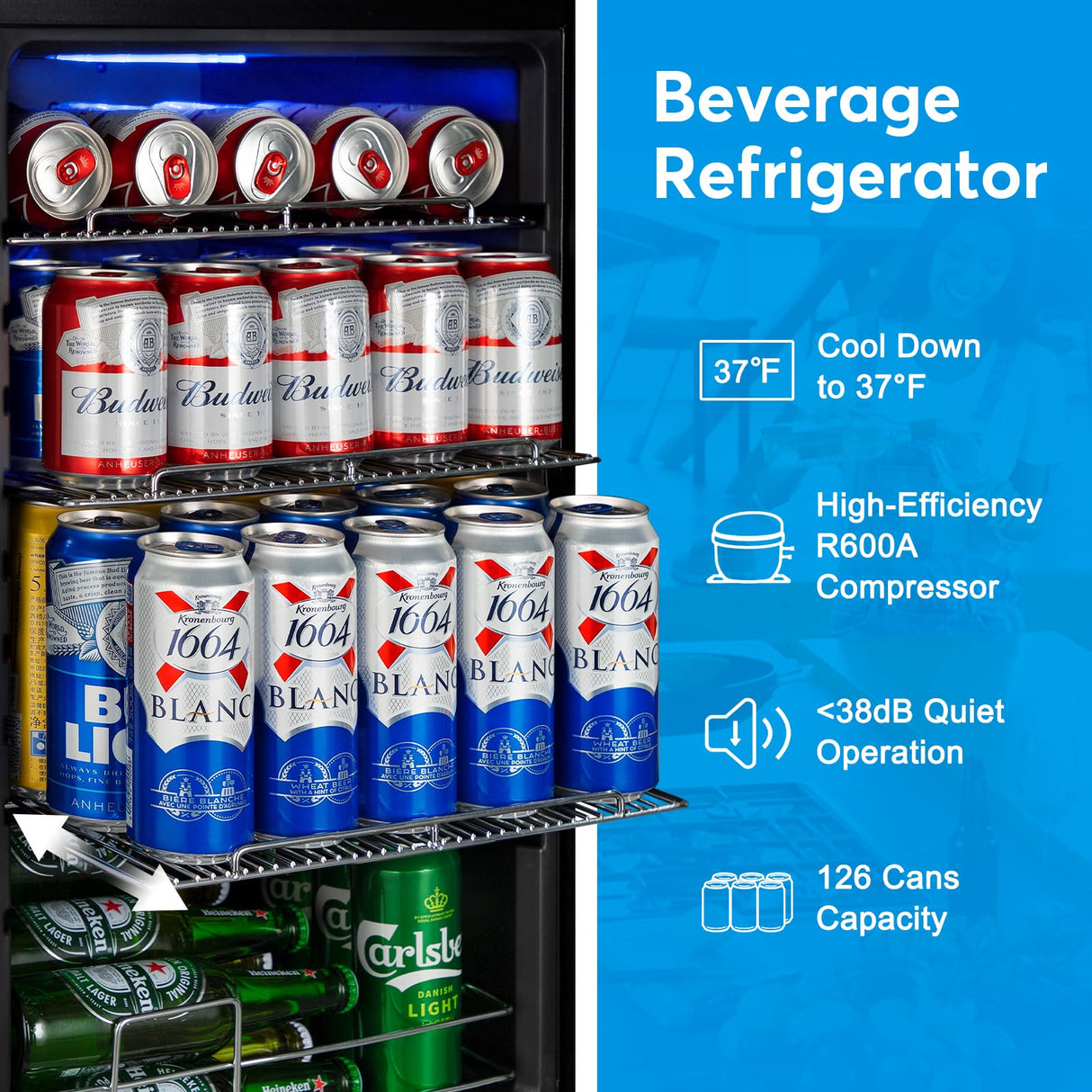 Beverage Refrigerator 17 inch Wide - 126 Can Beverage Cooler with Glass Door | Counter-Top/Freestanding Mini Beverage Beer Fridge | Temperature Memory | Invisible Door | Perfect for Soda, Beer FoMup