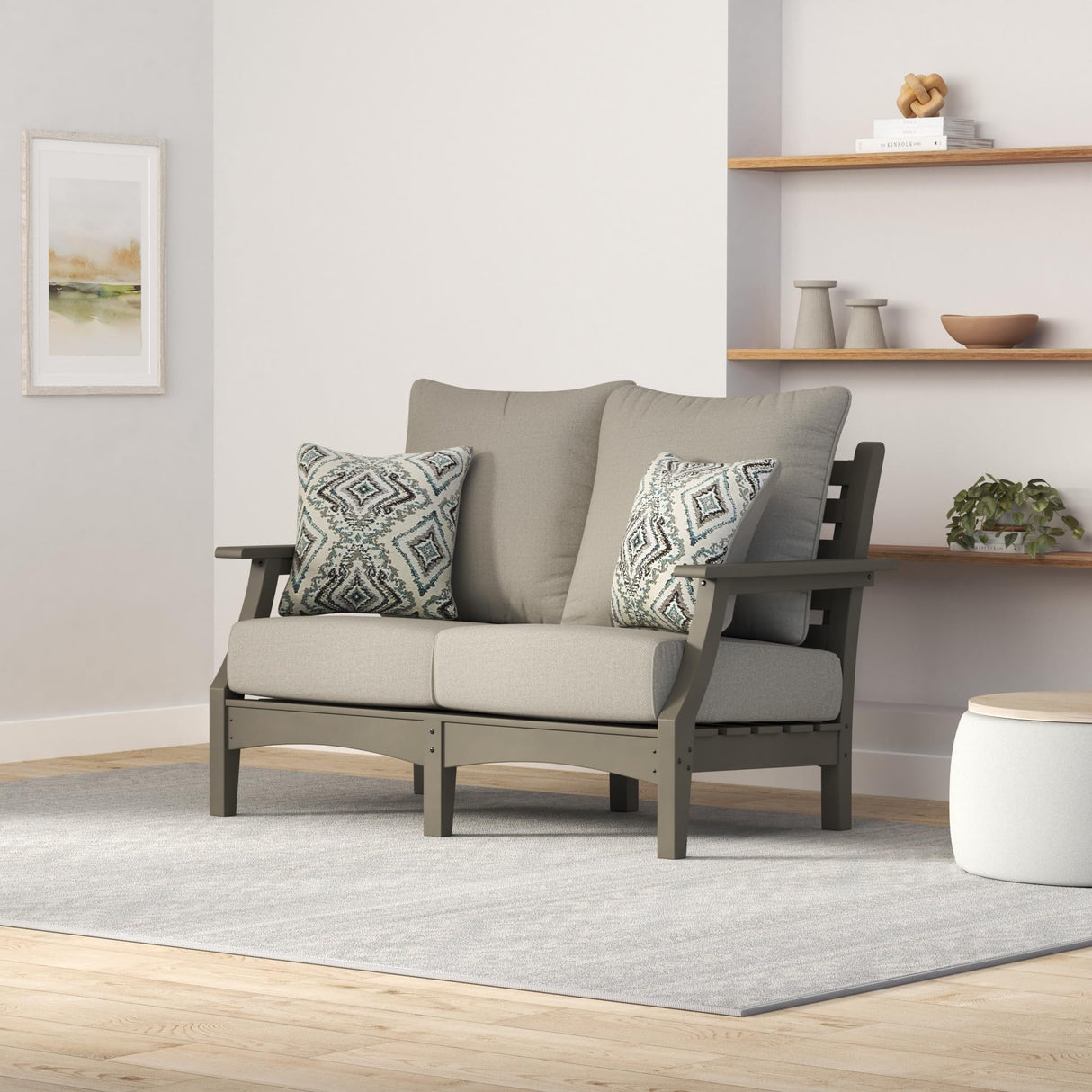 Signature Design by Ashley Outdoor Visola Patio HDPE Loveseat with Nuvella Throw Pillows, Gray Signature Design by Ashley
