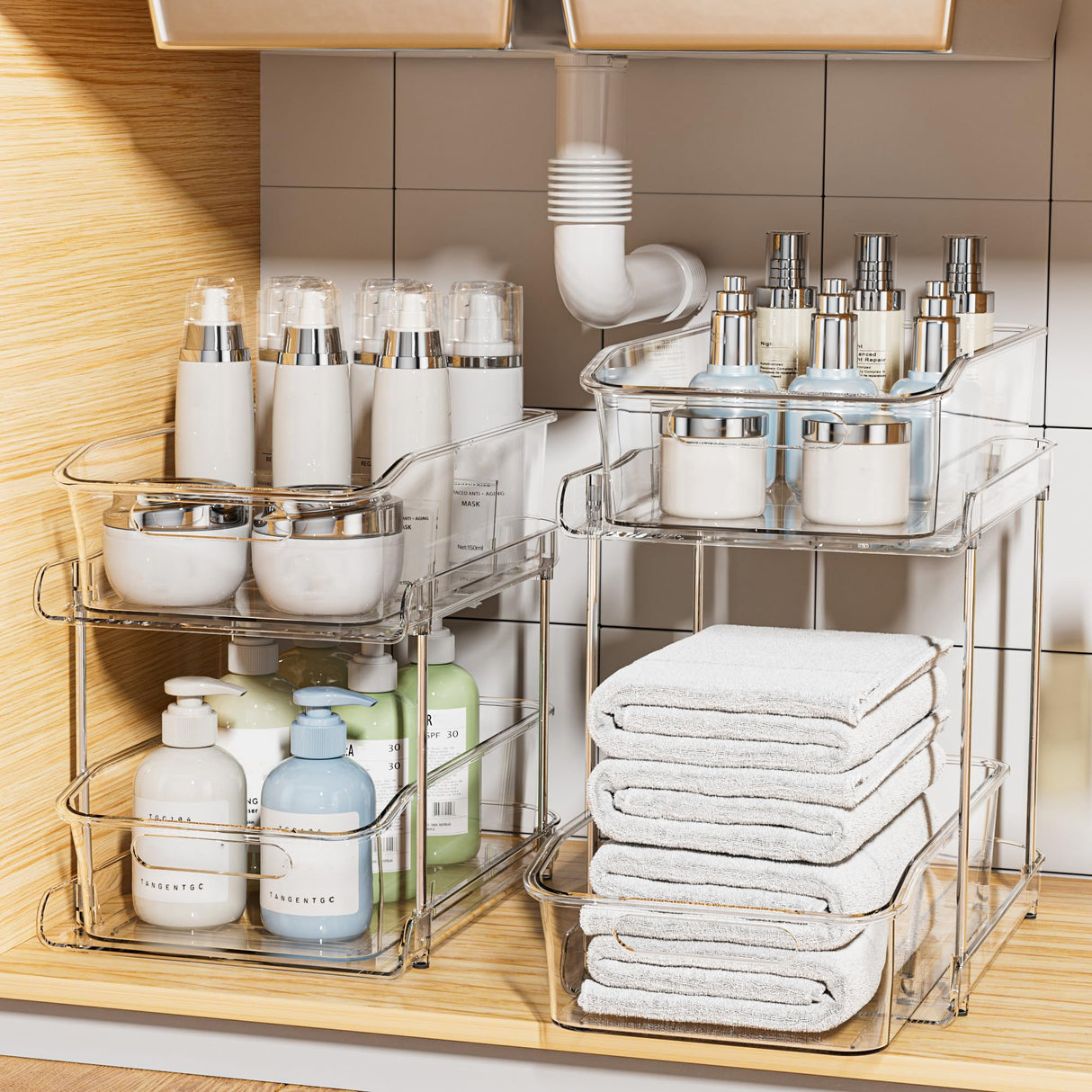 Delamu 2-Tier Under Sink Organizers and Storage, Multi-Purpose Stackable Bathroom Cabinet organizers, Pull Out Kitchen Pantry Organization and Storage with Dividers(2 Pack, Clear) Delamu