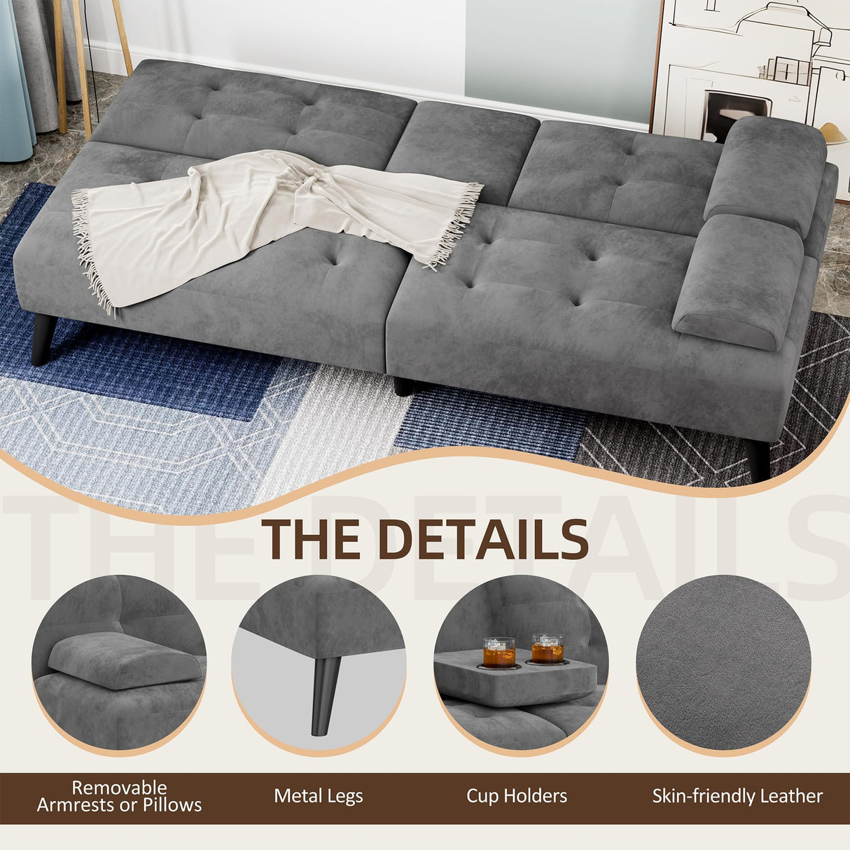 Shintenchi Futon Sofa Bed, Velvet Foldable Couch Reclining Sleeper w/Removable Armrests, Upholstered Loveseat w/Folding Cup Holders for Home, Office, Dark Gray Shintenchi