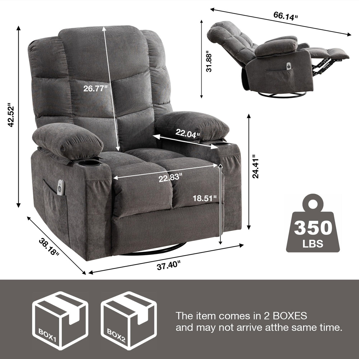 Oversized Massage Swivel Recliner Chair with Lumbar Heating for Living Room Rocker Recliner Single Sofa with Cup Holders and USB Charge Port, Large Big Chair Recliners for Adult MAHOMICO