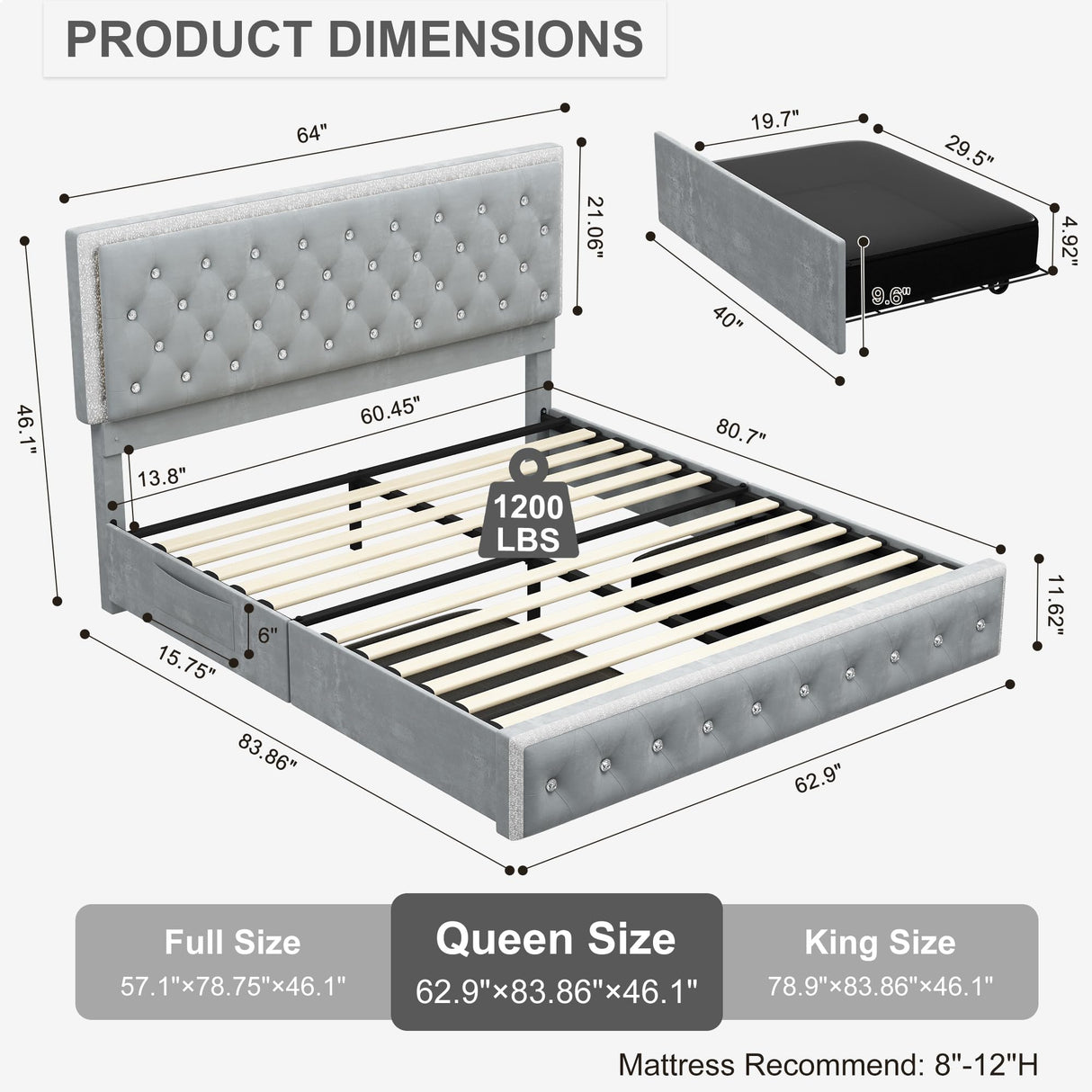 Torana Queen LED Bed Frame with 2 Drawers, Soft Velvet Platform Bed with Diamond Tufted Headboard Footboard and 2 Side Pockets, Mattress Foundation with Wooden Slats Support No Box Spring Needed, Grey Torana