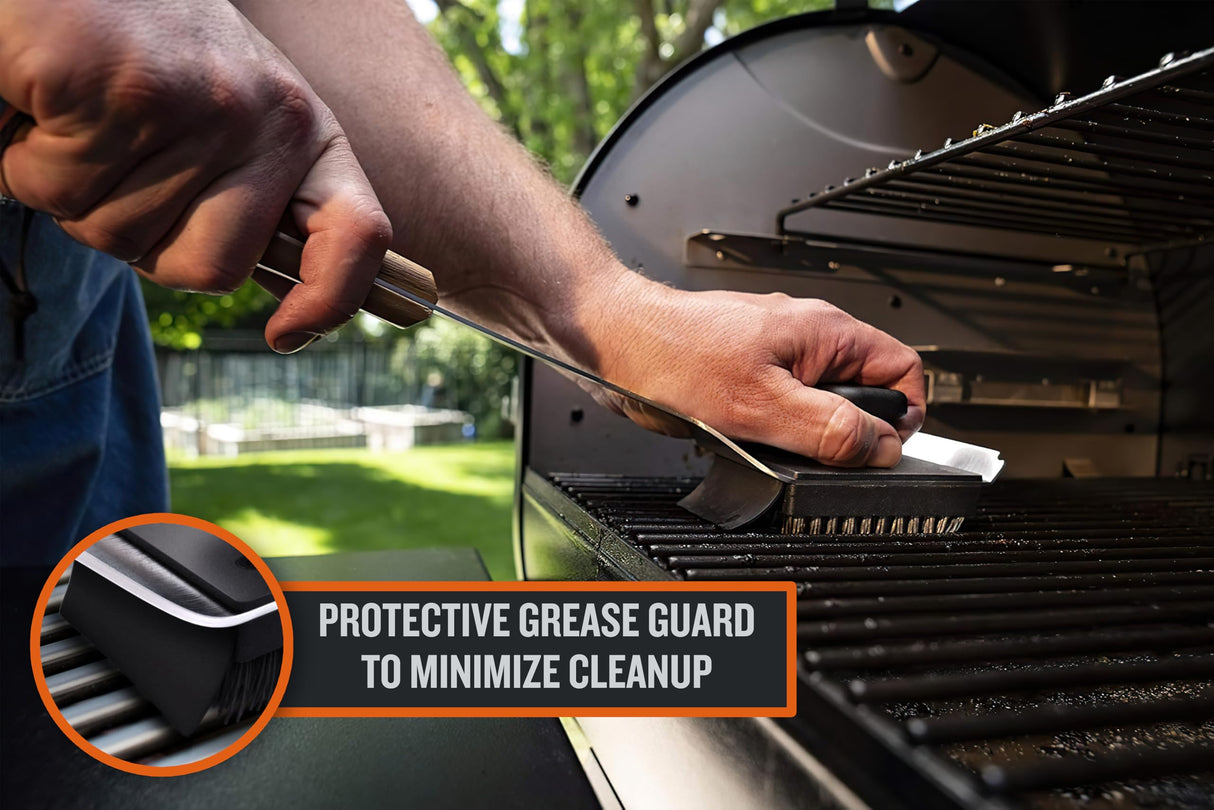 Traeger Grills BAC537 BBQ Cleaning Brush for Outdoor Grill – Stainless Steel Grill Scraper with Nylon Bristles, Teak Wood Handle, Dual Grip Design, and Hanging Loop Traeger