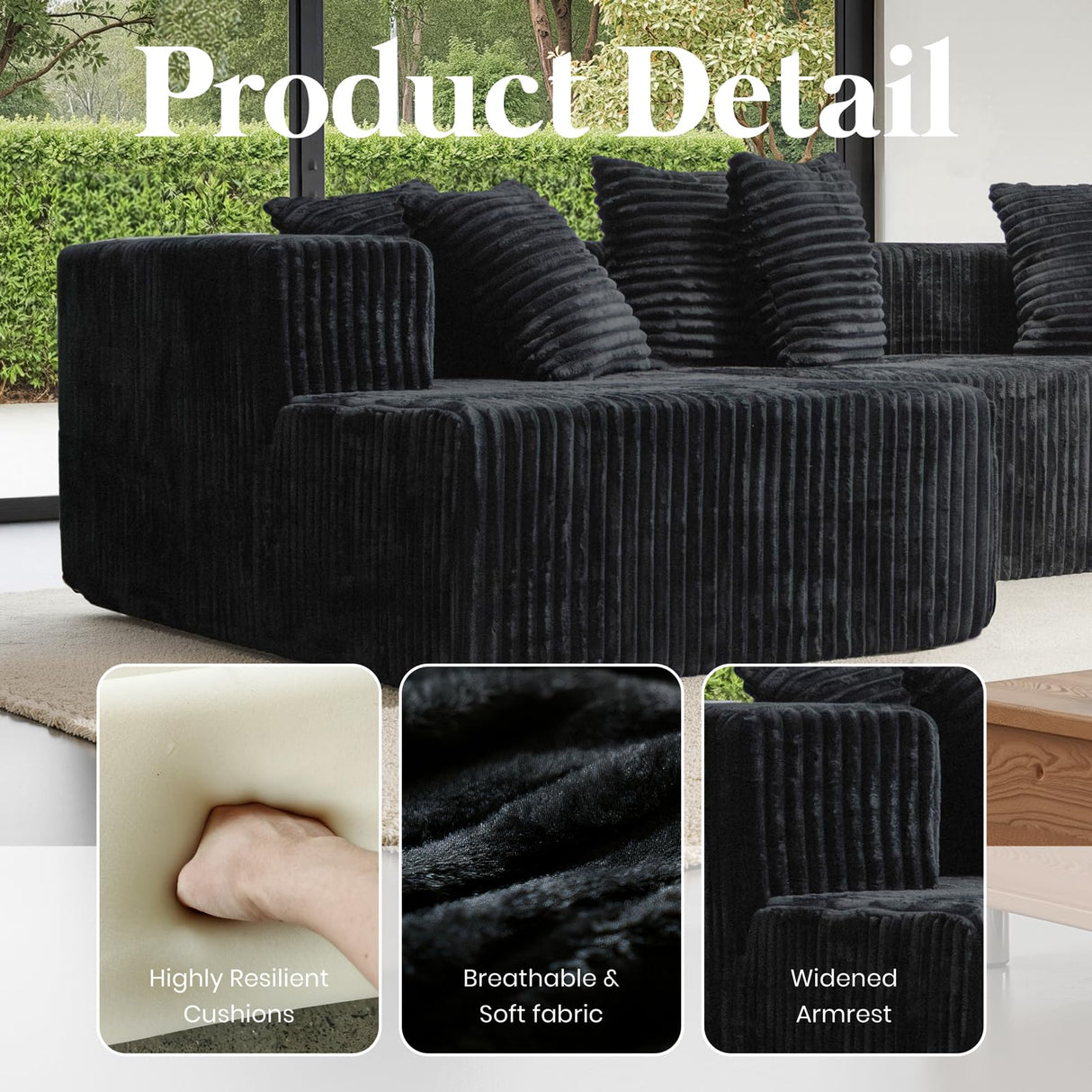 130'' U Shaped Sectional Couches for Living Room, Modular Boneless Cloud Sofa with 2 Chaise Lounges, 4-in-1 Flexible Combination Layered Foam Cushion Deep Seat Corner Couch, No Assembly Black Kelyda