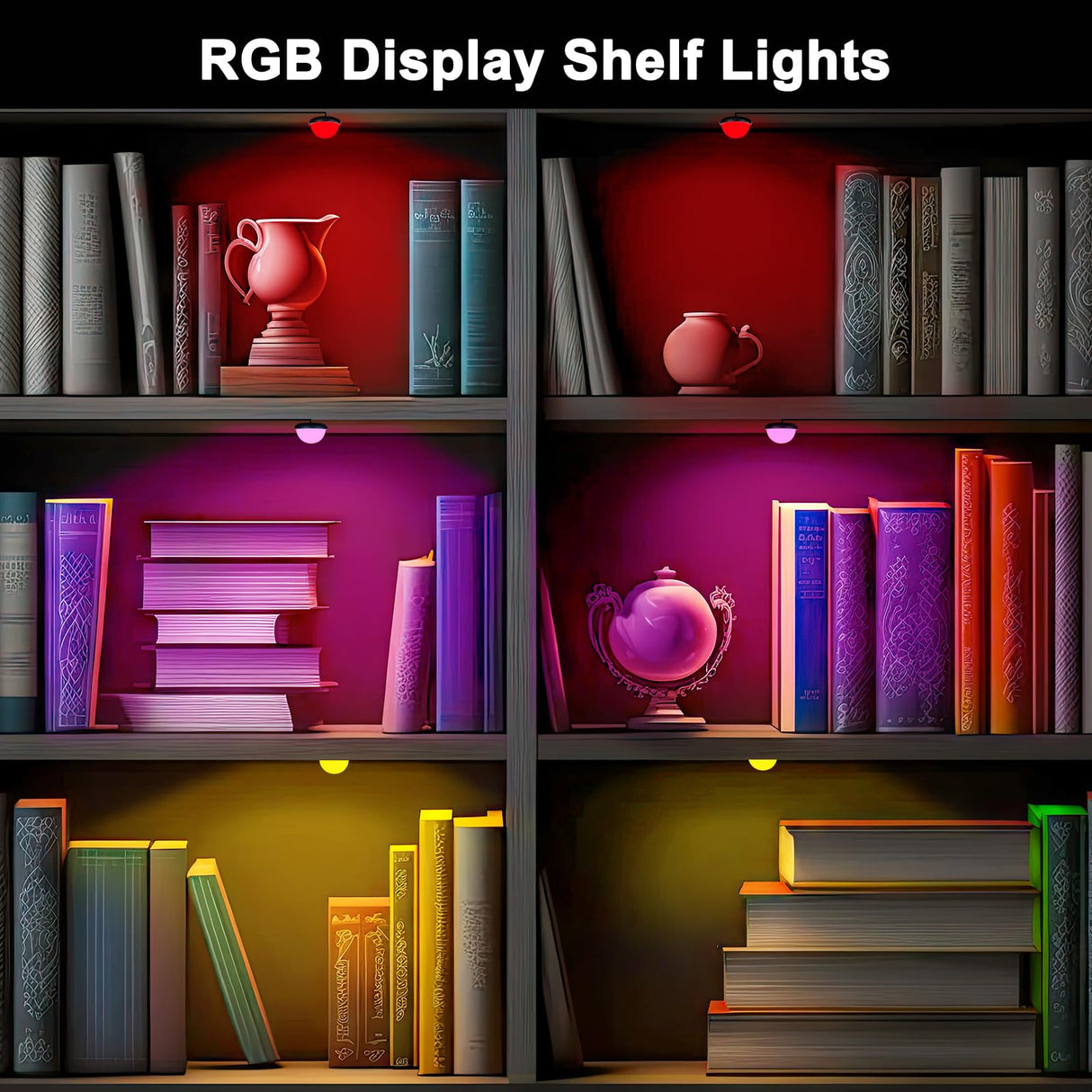 4 Pack RGB Shelf Lights, Wired Display Lights with Memory Function, Plug-in Bookshelf Lighting, Color Changing Under Shelf Lighting, RGB Puck Lights for Shelf/Cabinet/Display Case, Button Control JUSJUBR