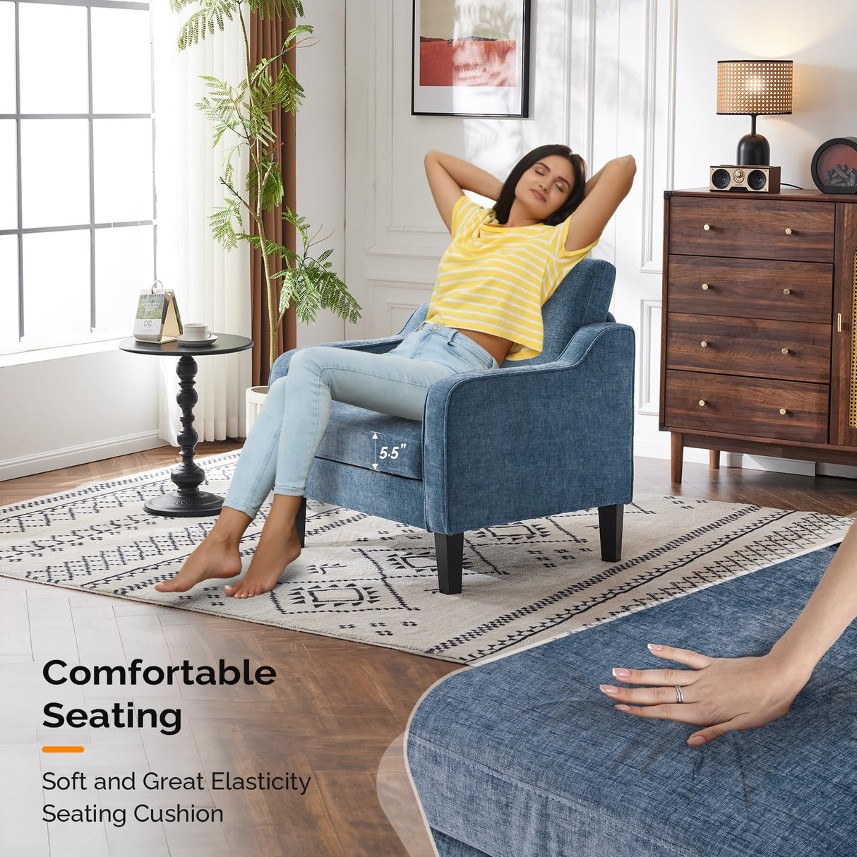 VINGLI Mid Century Modern Accent Chair,Navy Blue Chenille Chairs for Living Room Upholstered Armchair with Scooped Arms for Bedroom,Apartment,Studio,Office,Waiting Room VINGLI