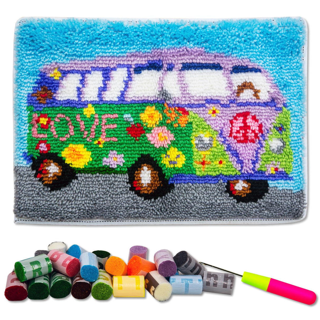 LAPATAIN Latch Hook Kits DIY Crochet Yarn Kits,Flower Car Carpet Embroidery Hook Rug Kit Needlework Sets Cushion for Kids or Adults Home Decor 20x15inch LAPATAIN