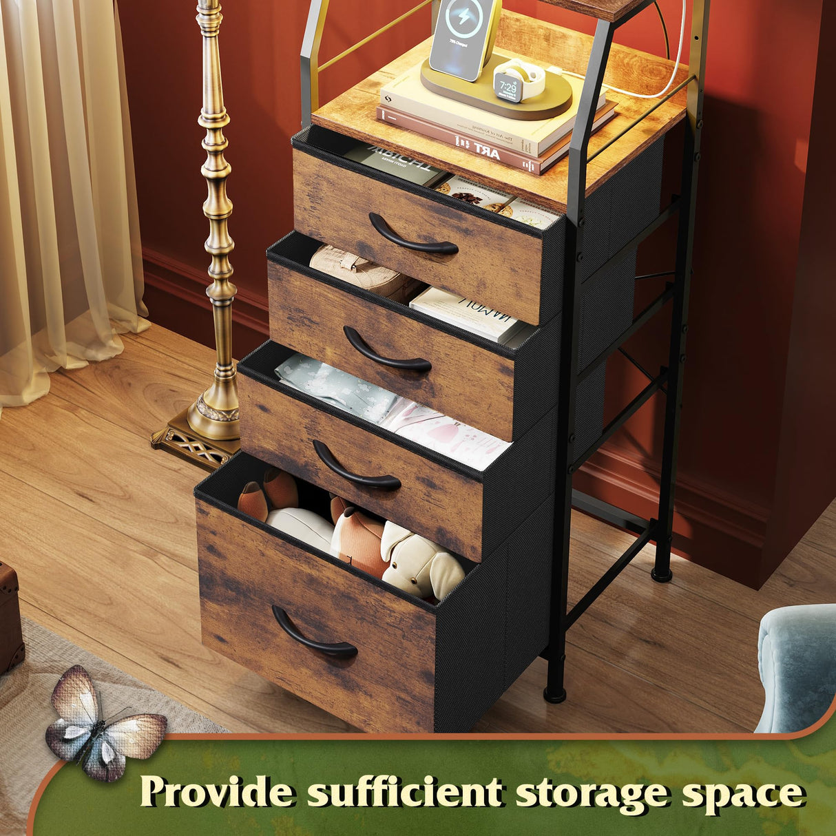 WLIVE 4 Drawer Dresser for Bedroom, Nightstand with Charging Station and Led Light, Tall Night Stand Bed Side Table, End Table with USB Ports and Outlets, Fabric Bins, Wood Shelf, Rustic Brown WLIVE