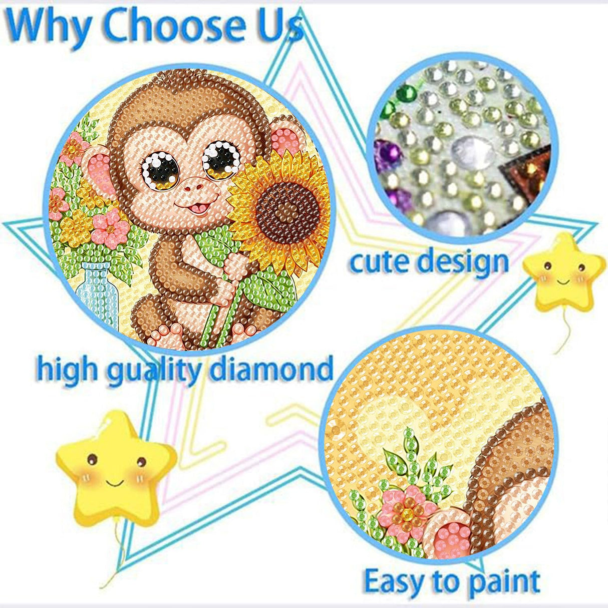 ajepon Monkey Diamond Art Kits for Kids with Frame, Animal Diamond Art for Kids Ages 8-12, Monkeys Diamond Painting Kits for Kid with Beautiful Package for Gift Home Wall Decor (7x7inch) ajepon