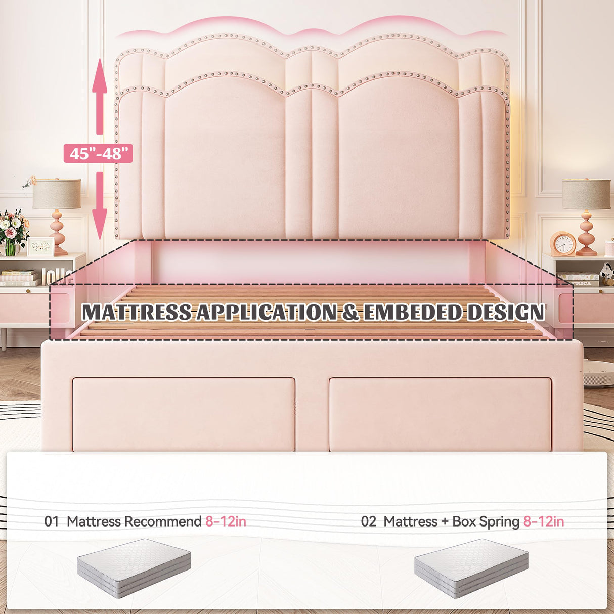 EnHomee Queen LED Bed Frame with 2 Storage Drawers,Upholstered Bed Frame Queen Size with Adjustable Cloud Headboard, Solid Wooden Slats, No Box Spring Required, Easy Assembly, Pink EnHomee
