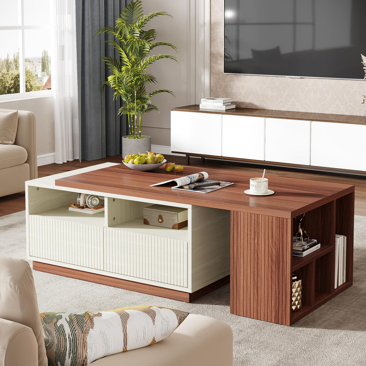 Tribesigns Extendable Coffee Table with 2 Storage Drawers, Reversible Living Room Table with Shelves and Adjustable Top, Large Center Table for Living Room, White/Walnut (43" to 75" Adjustable Length) Tribesigns