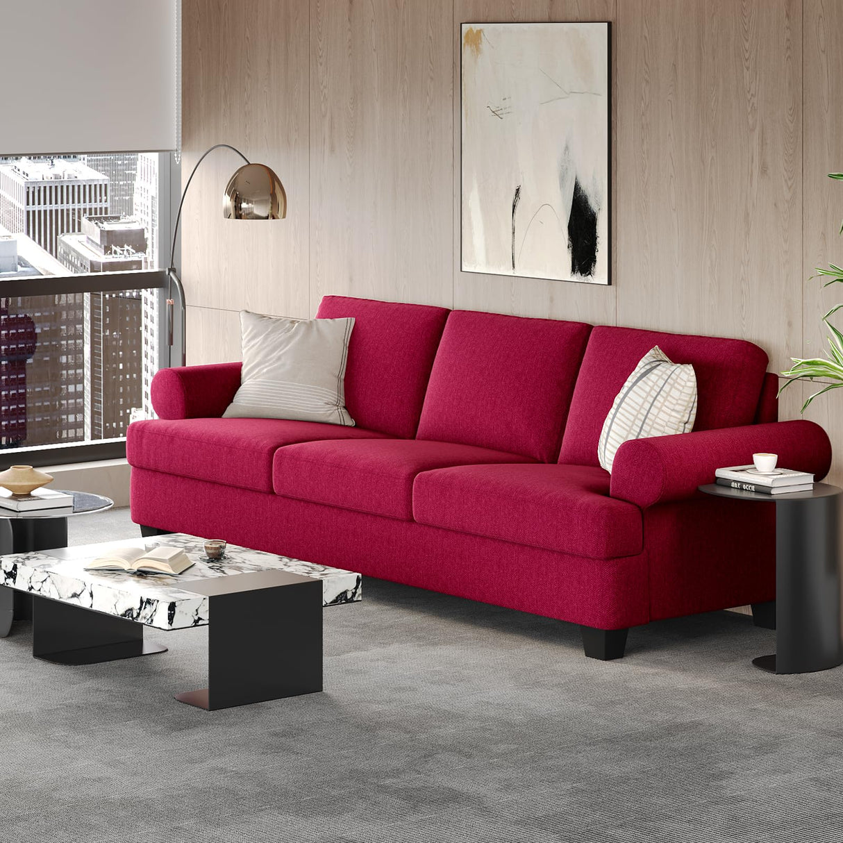 Fadware 91” Sofa Couch, Deep Seat Sofa with Lawson Style Armrests, Modern 3 Seater Sofa with Upholstered Cushion& Backrests, Mid-Century Comfy Couch for Living Room, Apartment, Red Fadware