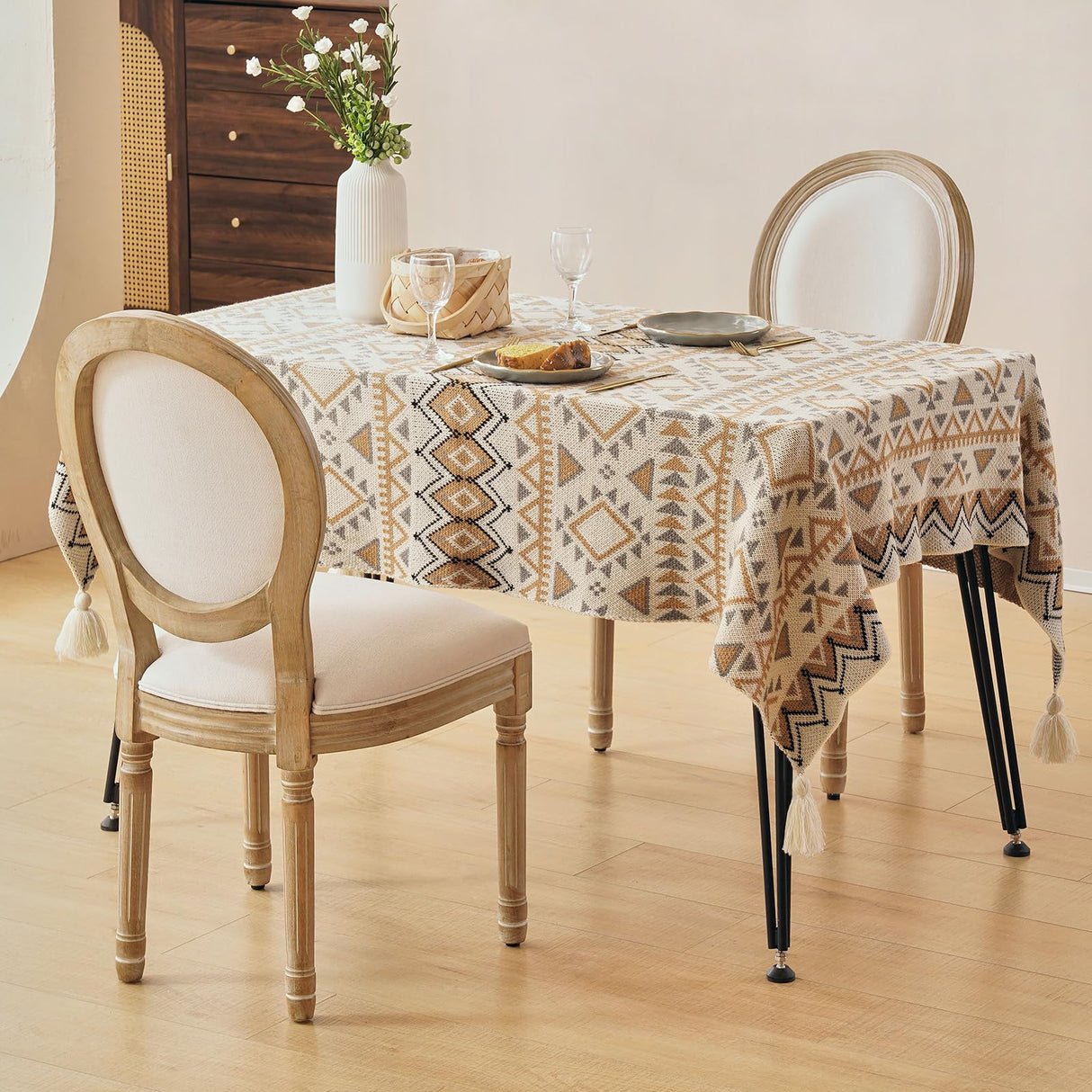 Furnimart French Country Vintage Dining Chairs Set of 4 Farmhouse Dining Chairs with Round Back and Solid Wood Legs, Oval Side Chairs for Kitchen Dining Room Living Room (Beige) Furnimart