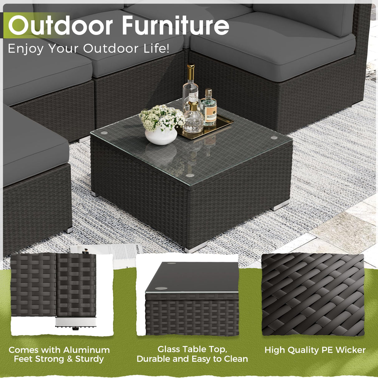Crownland 8-Piece Outdoor Patio Furniture Sets with 45” Propane Gas Fire Pit Table, All-Weather Black Wicker Rattan Sectional Sofa with Coffee Table(Grey) Crownland