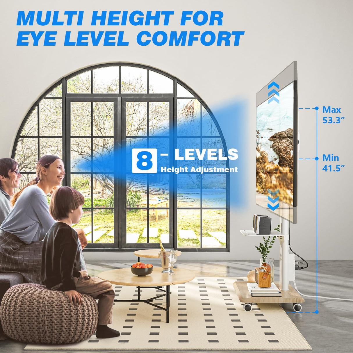 Rfiver Sleek Rolling TV Stand with Power Outlet for Home Decor, Height Adjustable Portable TV Stand on Wheels for 32-70 Inch TVs, Strong Tall Mobile TV Cart with Mount Up to 88 lbs, White Rfiver