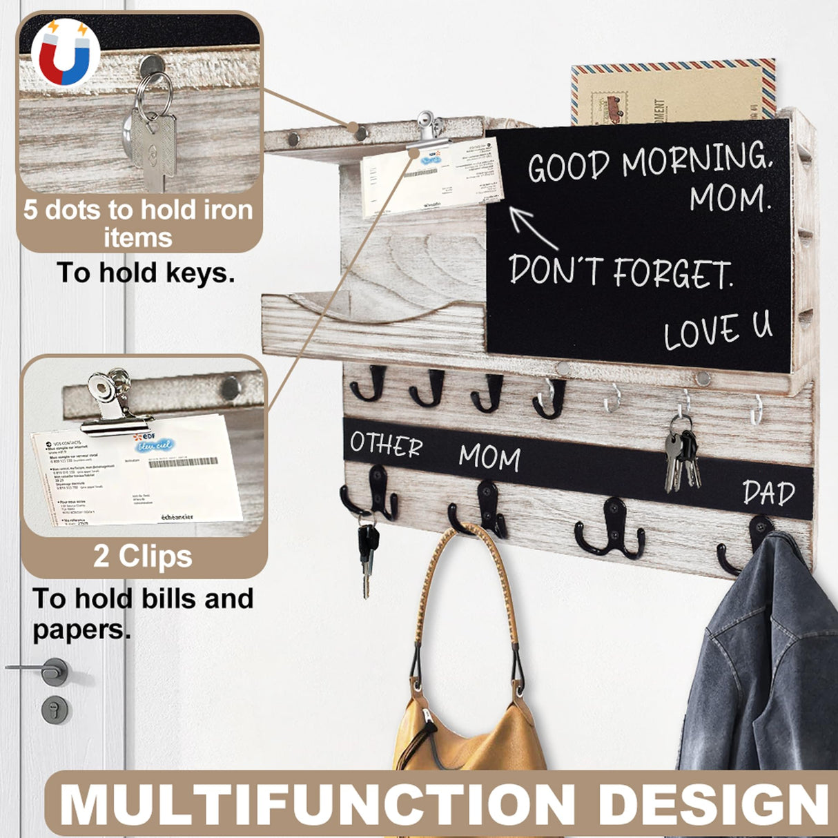 Farmhouse Key and Mail Holder for Wall Decorative, Rustic Mail and Key Organizer for Wall with Different Hooks, Chalkboard, Key Holder Wall Mount with Shelf, Basket, Clips(Pine Wood, White Washed) HEKOOLA