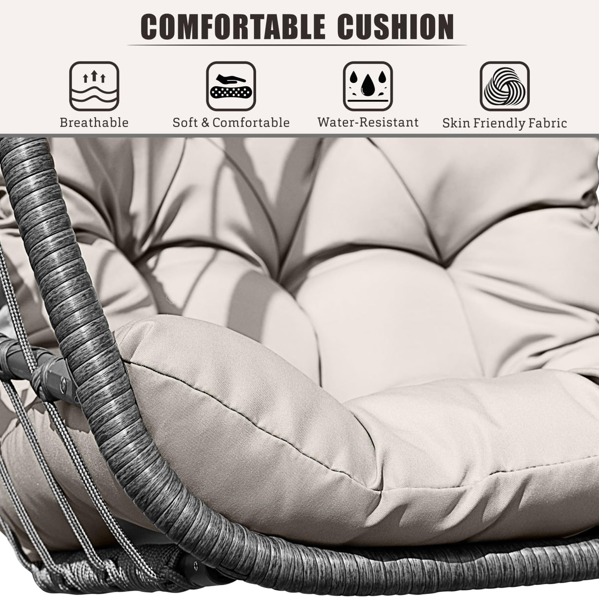 HWB Hanging Egg Chair with Stand, Patio Wicker Egg Swing Chair with Cushion for Bedroom Garden Indoor Outdoor (Beige) HWB