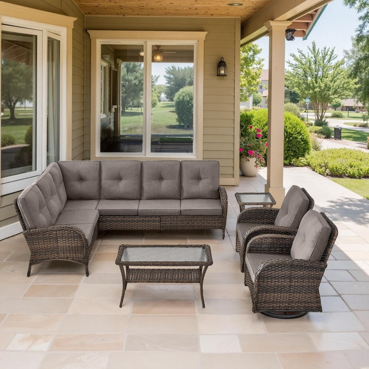 Belord Outdoor Furniture Set - 6 Pieces Patio Conversation Sectional Sofa Set with Swivel Rocker Outdoor Chairs Set of 2 and Wicker Coffee Table for Deck Backyard Sunroom Brown Belord