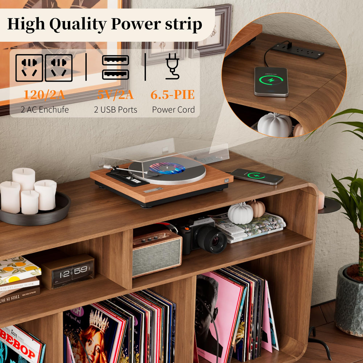 Boweniog Record Player Stand with Vinyl Storage Cabinet with Charging Station & USB Ports, Turntable Stand Table Holds Up to 350 Albums, Curved Vinyl Record Cabinet for Living Room (Walnut, 55-inch) Boweniog
