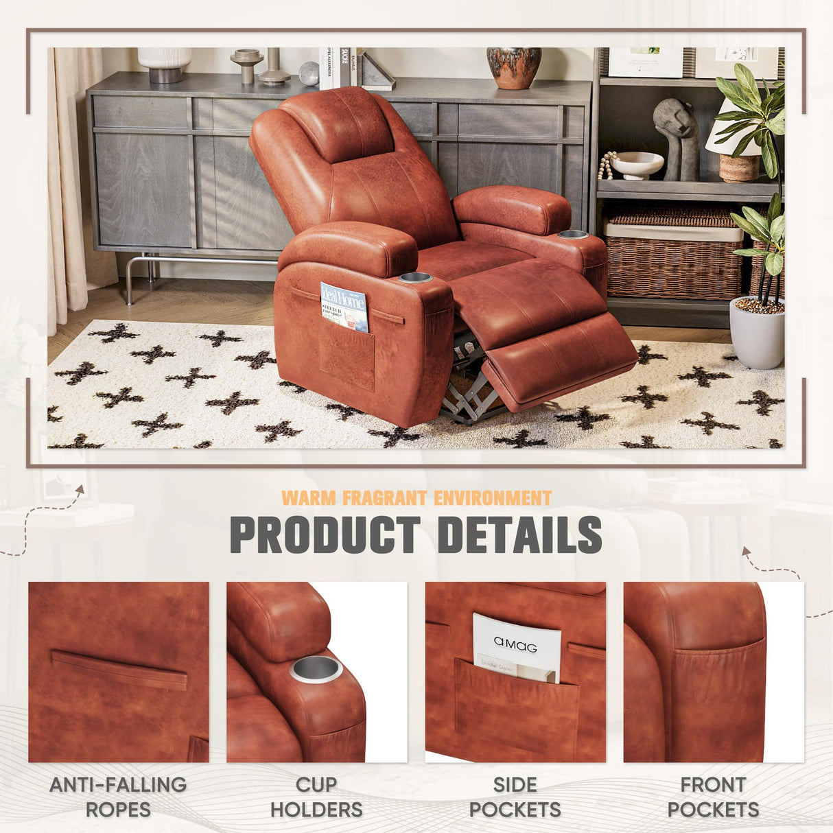 Flamaker Power Lift Recliner Chair Electric Lift Recliner for Elderly Power Lift Recliner Chair with Cup Holders Side Pockets for Living Room (Leathaire, Brown) Flamaker