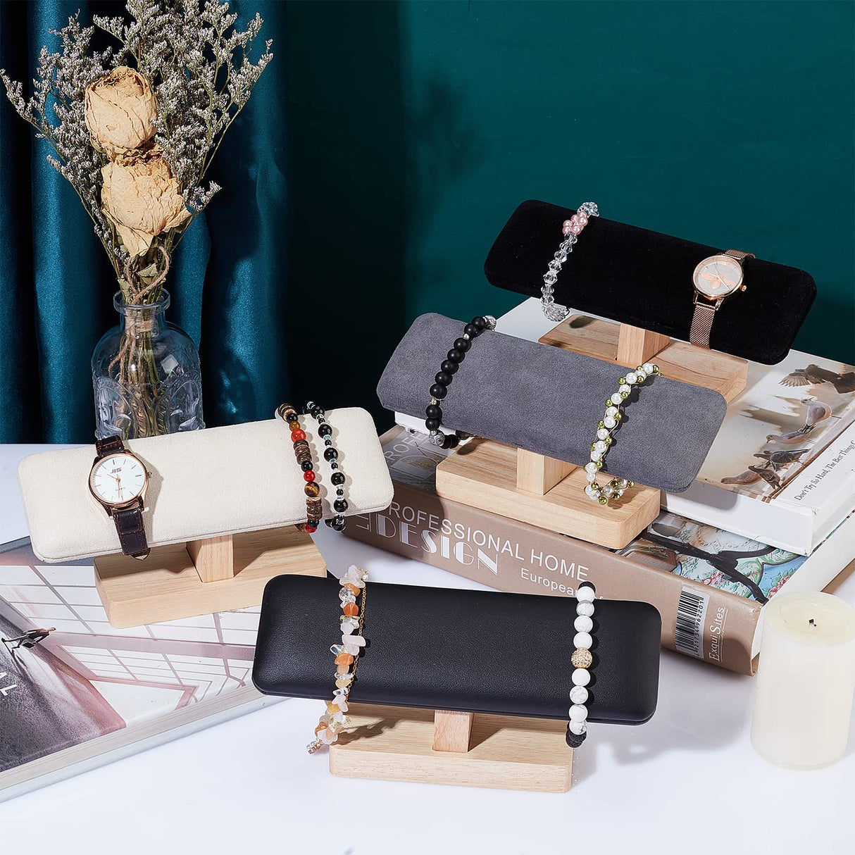 NBEADS Wooden Watch Display Stand, T-Bar Bracelet Holder Faux Suede Jewelry Organizer Holder Removable Bangle Pendants Anklet Tower Rack for Home Use, Retail Display Selling Gainsboro, 7.6x1.9x3.5inch NBEADS