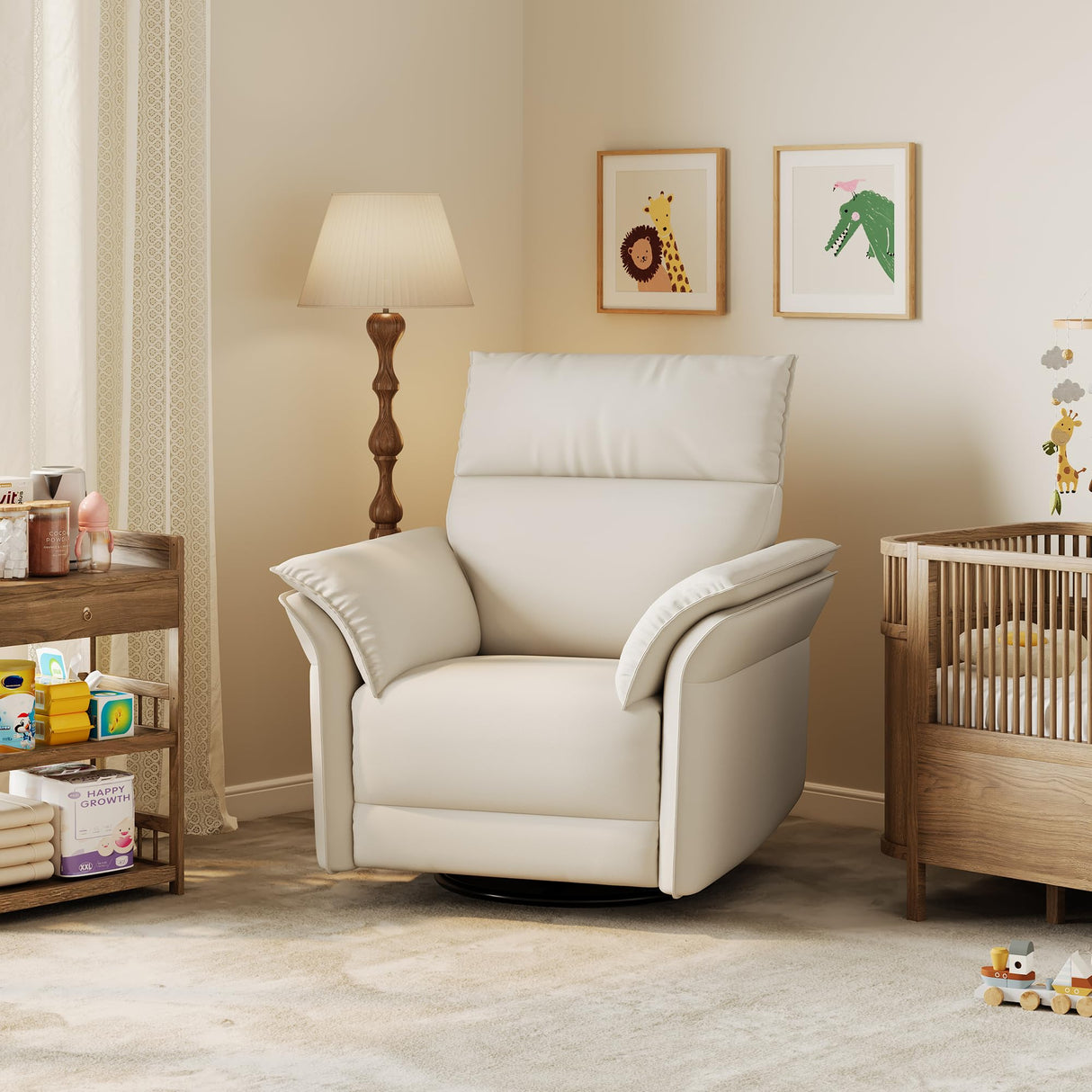 GarveeHome Power Recliner Chair Swivel Glider Upholstered Faux Leather Nursery Rocker Reclining Sofa Chair with Charging Port, Curved Armrests & Padded Backrest (White) GarveeHome