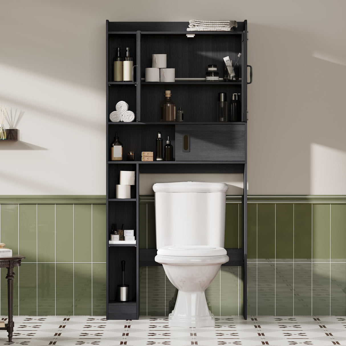 ChooChoo Over The Toilet Storage Cabinet, Farmhouse Bathroom Storage Cabinet with Barn Doors, Sliding Drawer, Adjustable Shelves, Space-Saving, Black ChooChoo