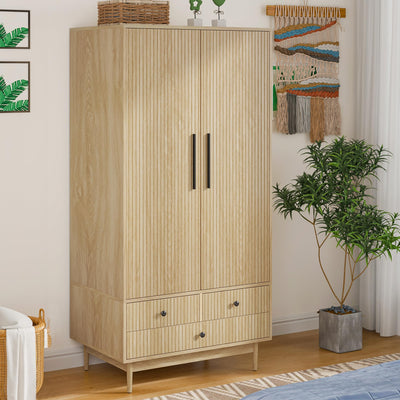 Mxtxmy Armoire Wardrobe Closet with 2 Fluted Doors,64.96" Wooden Clothes Storage Cabinet with Hanging Rod and Shelf Storage,Wardrobe Cabinet with 3 Drawers,Freestanding Closet for Bedroom (Natural)