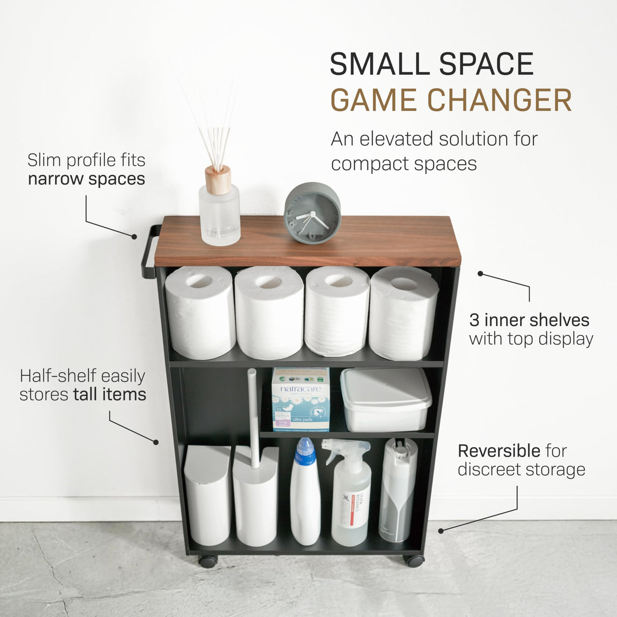 YAMAZAKI Home Slim Rolling Storage Cart – Narrow Bathroom Storage Cabinet with Handle, Slim Bathroom Storage Cart with Wheels, Easy Assembly, Steel + Wood, Black YAMAZAKI