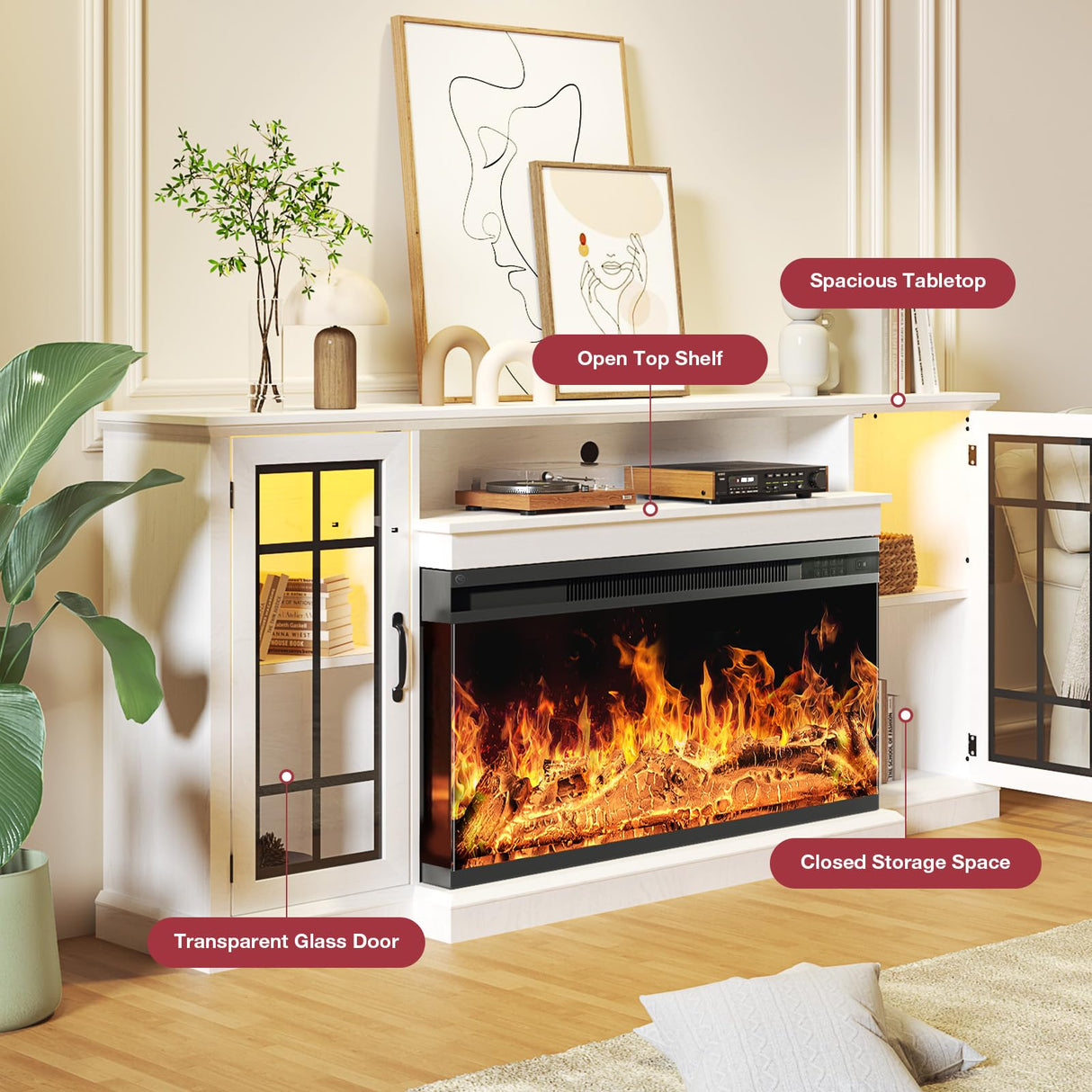 oneinmil 36 Inch 3-Sided Glass Fireplace TV Stand for TVs up to 80", Rustic Media Entertainment Center Console Table with Glass Door Closed Storage, Set of TV Table, White oneinmil