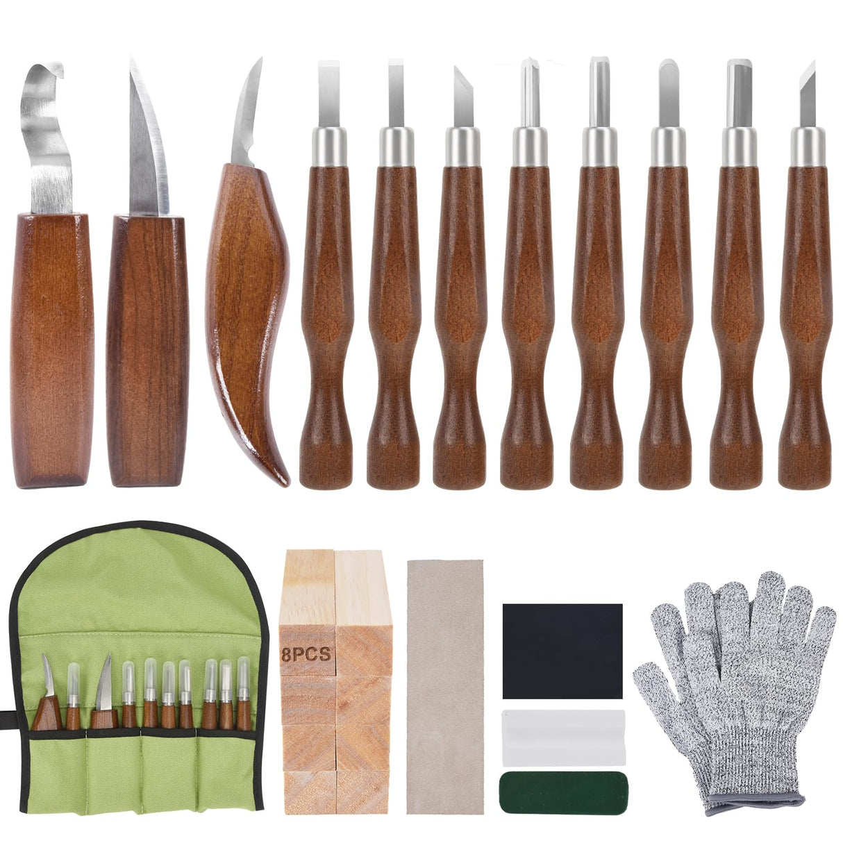 Wood Carving Tools, Hexola Wood Carving Kit 26-In-1 Whittling Kit- Includes Walnut Handle Wood Carving Knife,Whittling Knife, Hook Knife, Cut Resistant Gloves, Wood Carving Kit For Beginners Hexola